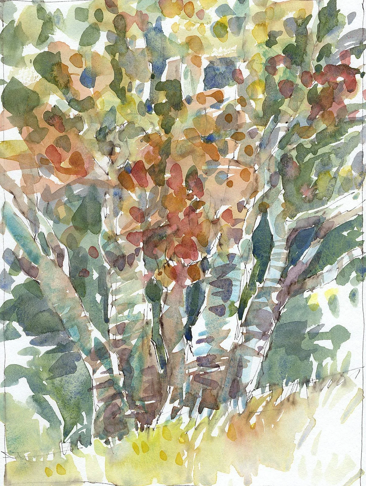 Aquarellzeichnung eines Baums mit grünen, braunen und gelben Blättern.