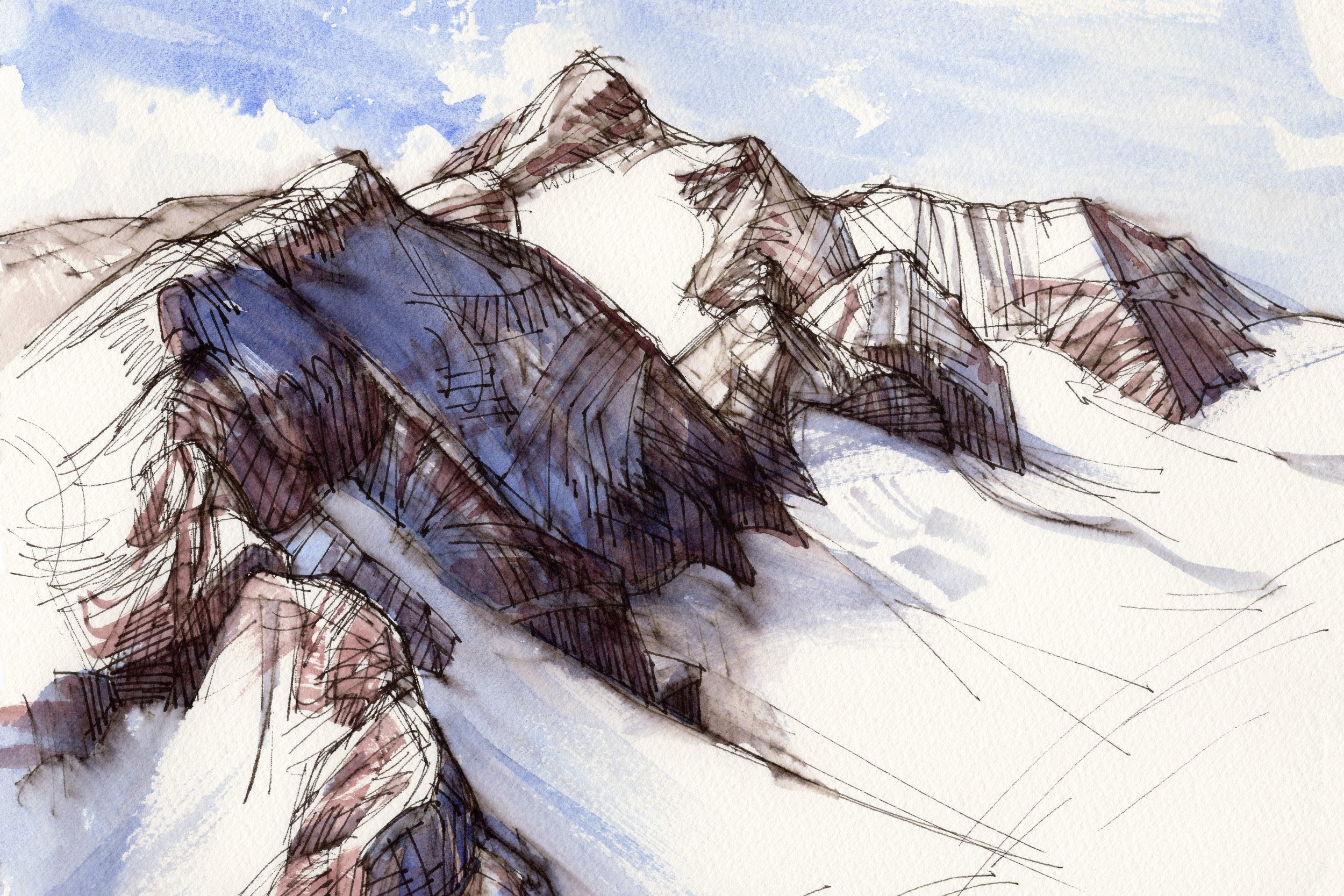 Eine Aquarellskizze von schneebedeckten Berggipfeln mit einem teilweise bewölkten blauen Himmel im Hintergrund.