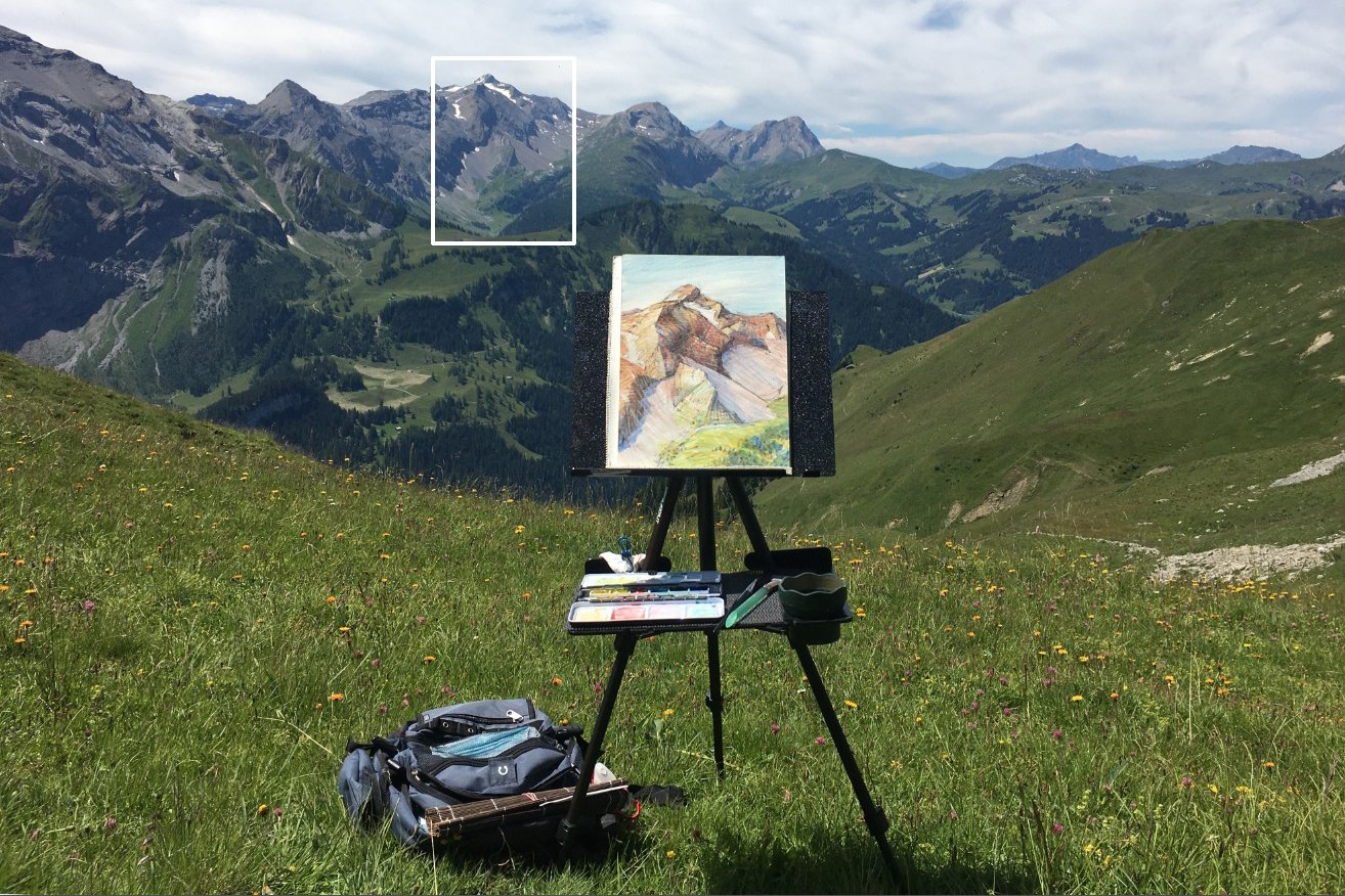 Ein Landschaftsmalerei-Setup auf einer grünen Bergwiese mit einer Staffelei, Farben und einem Rucksack. Der Blick schweift über grüne Hügel und ferne Berge unter einem leicht bewölkten Himmel.