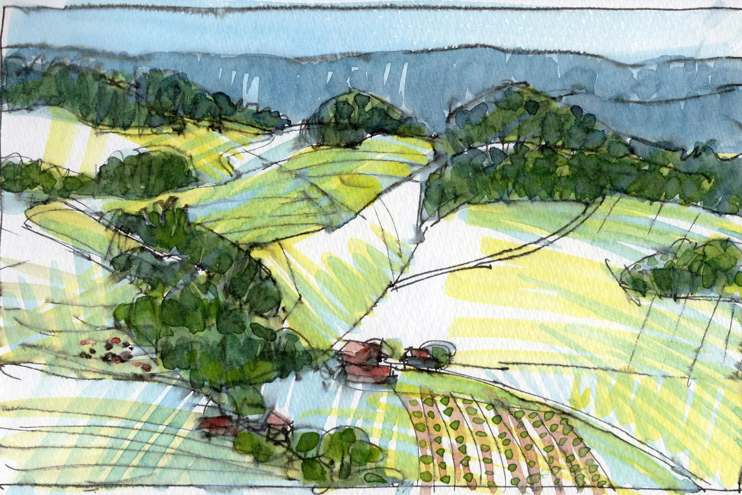 Aquarellierte Landschaft mit Hügeln, Feldern, Bäumen und Bergen im Hintergrund, in einer ländlichen Gegend.