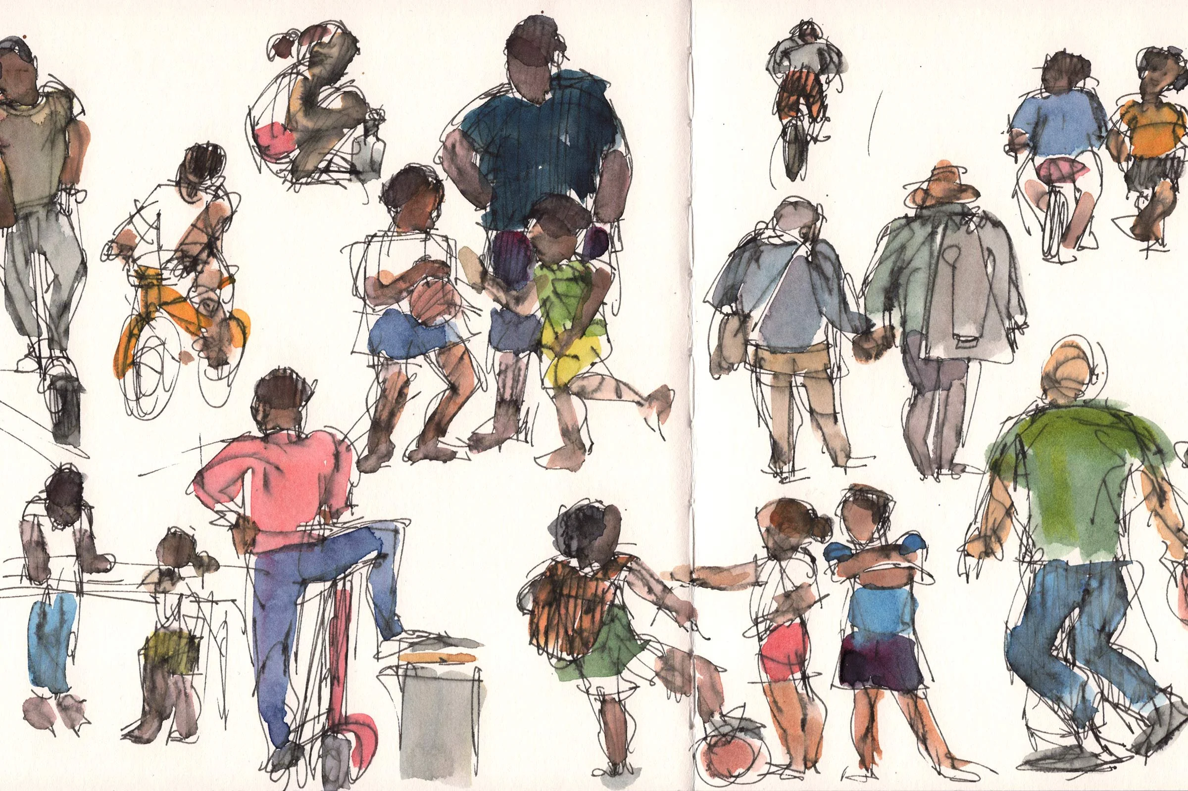 Skizze von mehreren stehenden und sitzenden Menschen in bunten Kleidung und Hüten, dargestellt in einem lockeren, aquarellartigen Stil.