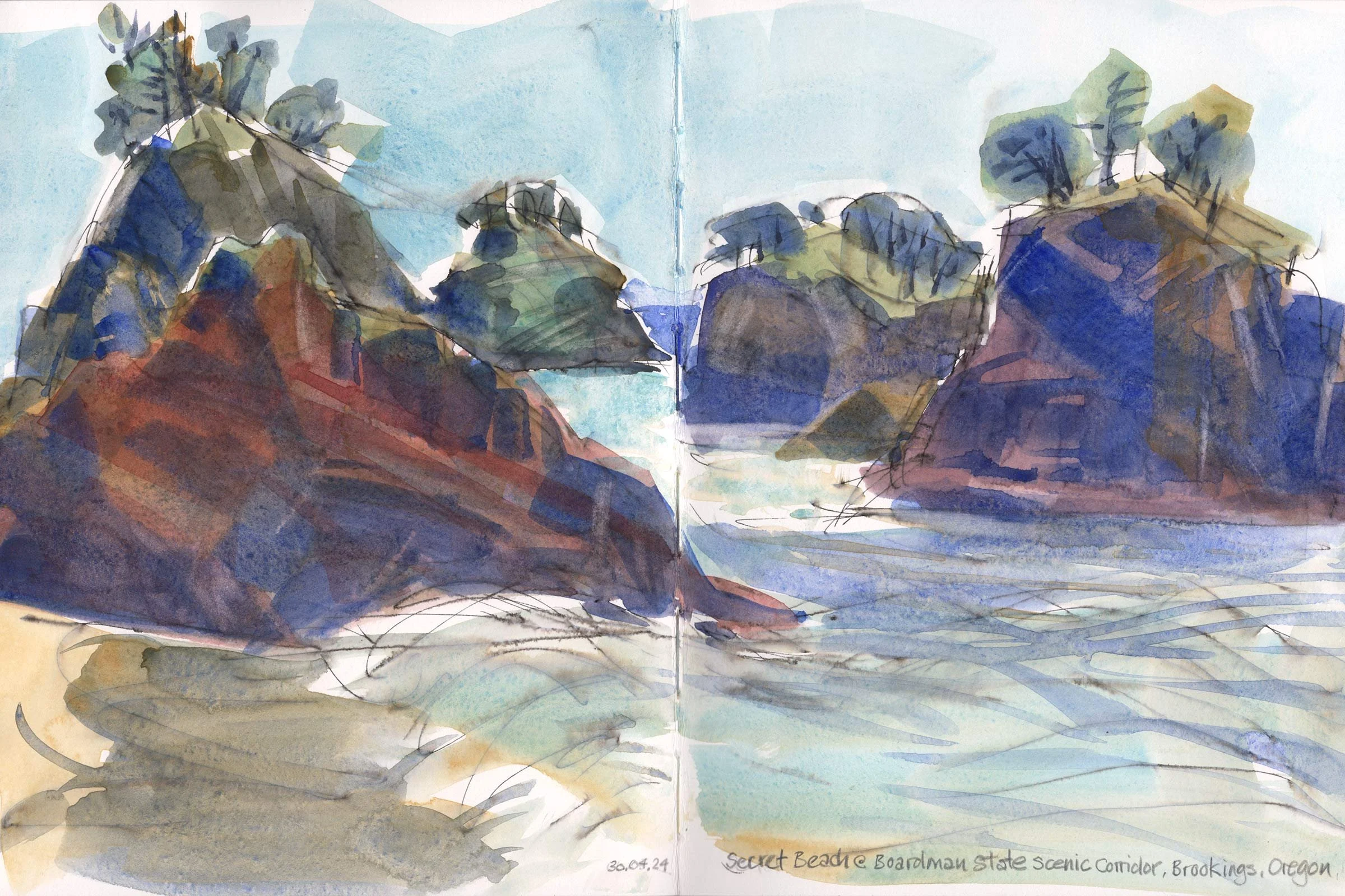 Aquarellmalerei einer Landschaft mit Hügeln und Bäumen, im Hintergrund blauer Himmel.