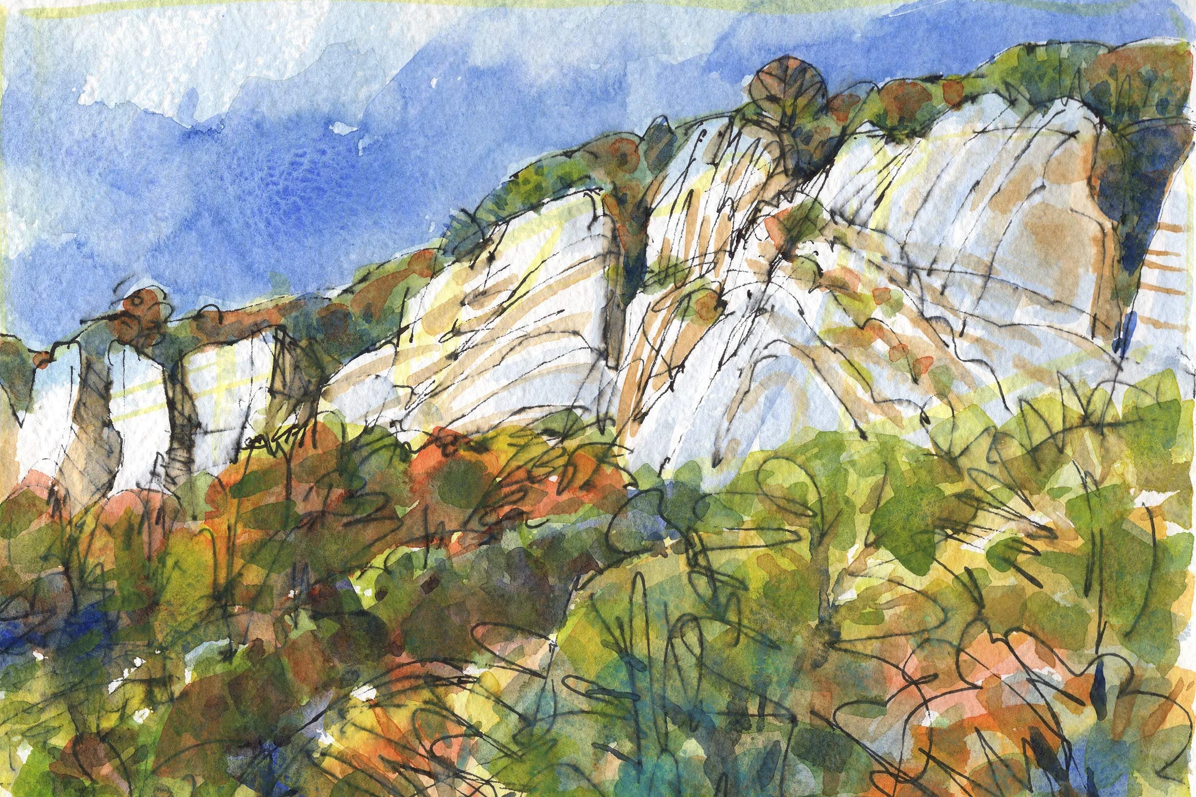 Aquarellmalerei einer Berghalde mit bunten Bäumen und dem blauen Himmel im Hintergrund.