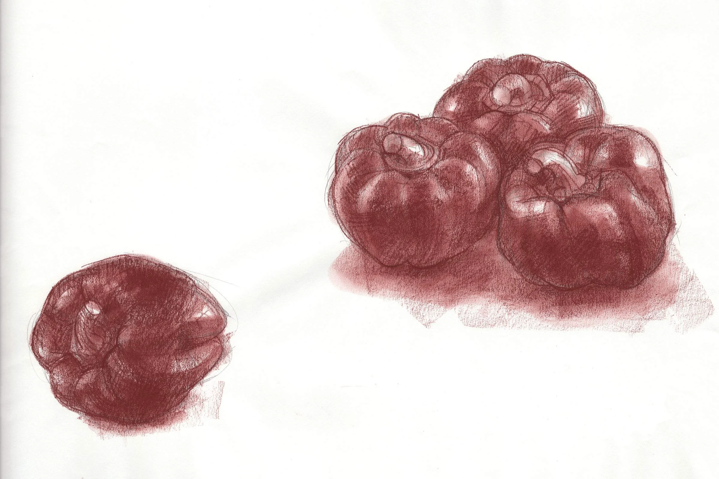 Zeichnung von drei roten Paprikas und einer weiter entfernten Paprika