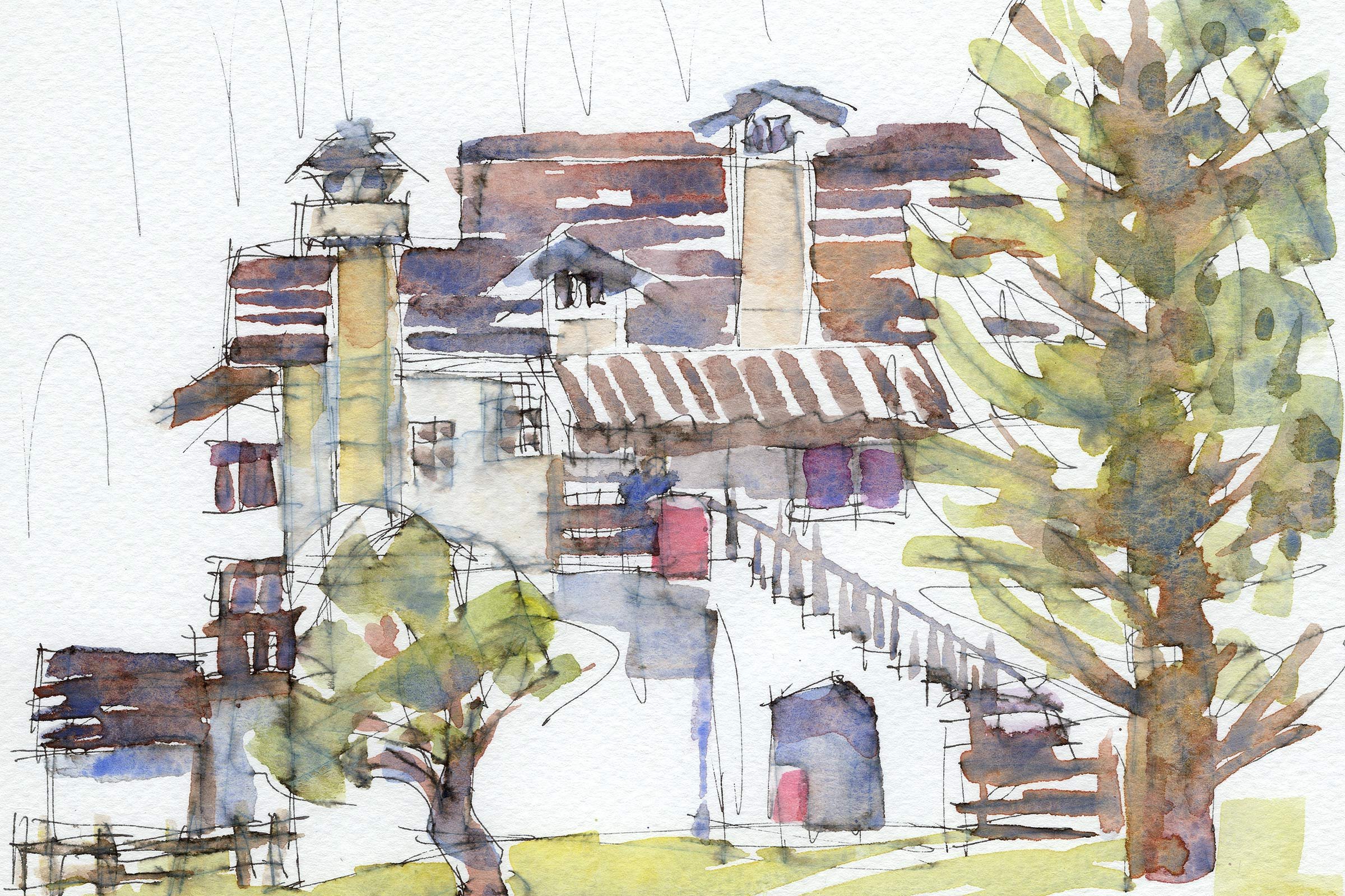 Aquarellartige Skizze eines Hauses mit Dach, Fenstern und Schornsteinen, umgeben von Bäumen, mit zarten Linien und Wasserfarben in Erdtönen.