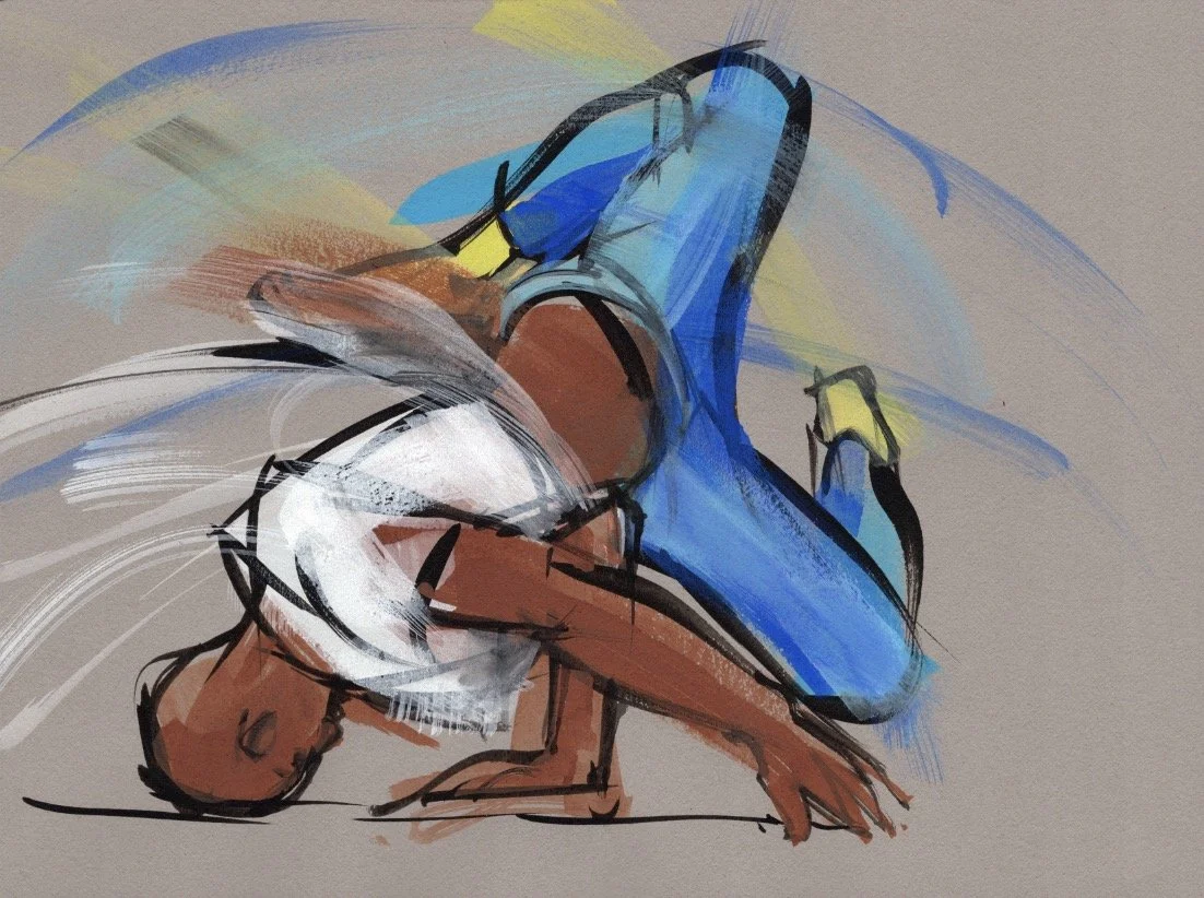 Abstrakte Darstellung eins Tänzers in blauer Hose und weissem T-Shirt, der eine Break-Dance-Position ausführt