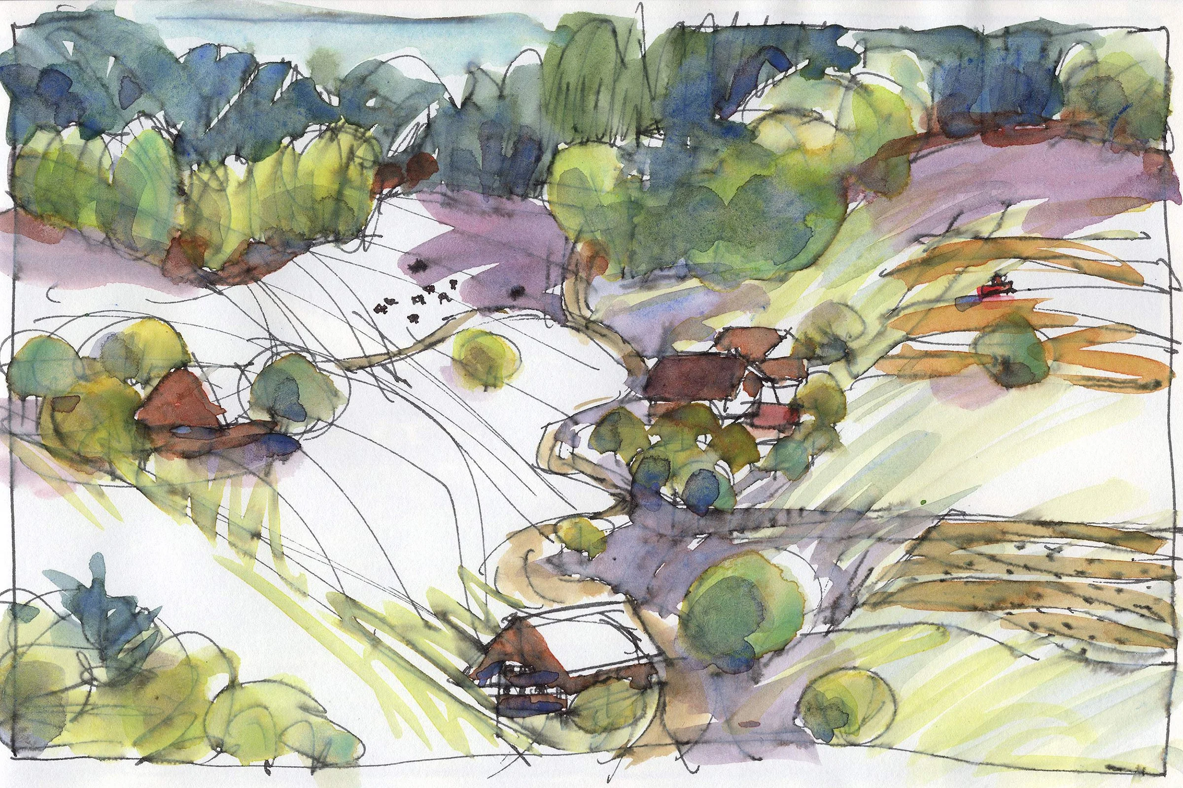 Ein Aquarell-Landschaftsbild einer ländlichen Gegend im Emmental in der Schweiz mit Häusern, Bäumen und Feldern.