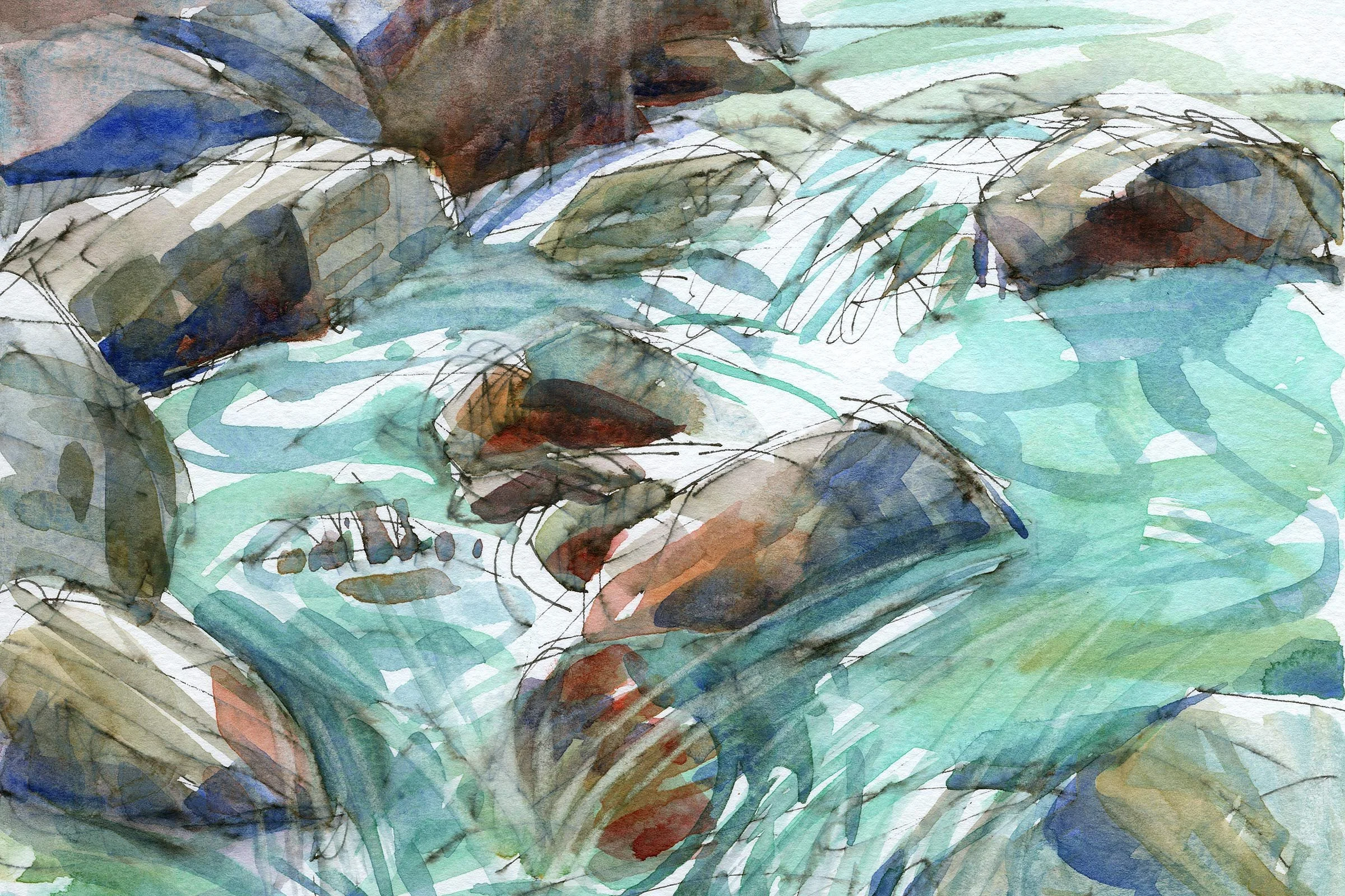 Aquarellmalerei mit bunten Steinen, Wasser und Blättern in sanften Tönen.