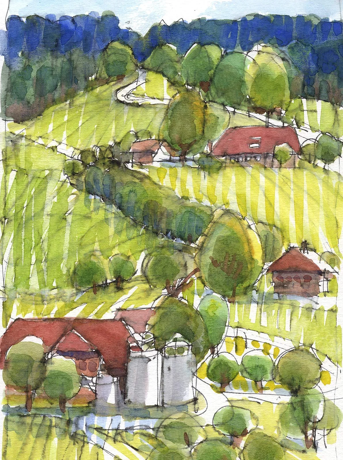 Aquarellmalerei einer ländlichen Landschaft mit Wiesen, Bäumen und Häusern mit roten Dächern, umgeben von Hügeln und Wäldern.