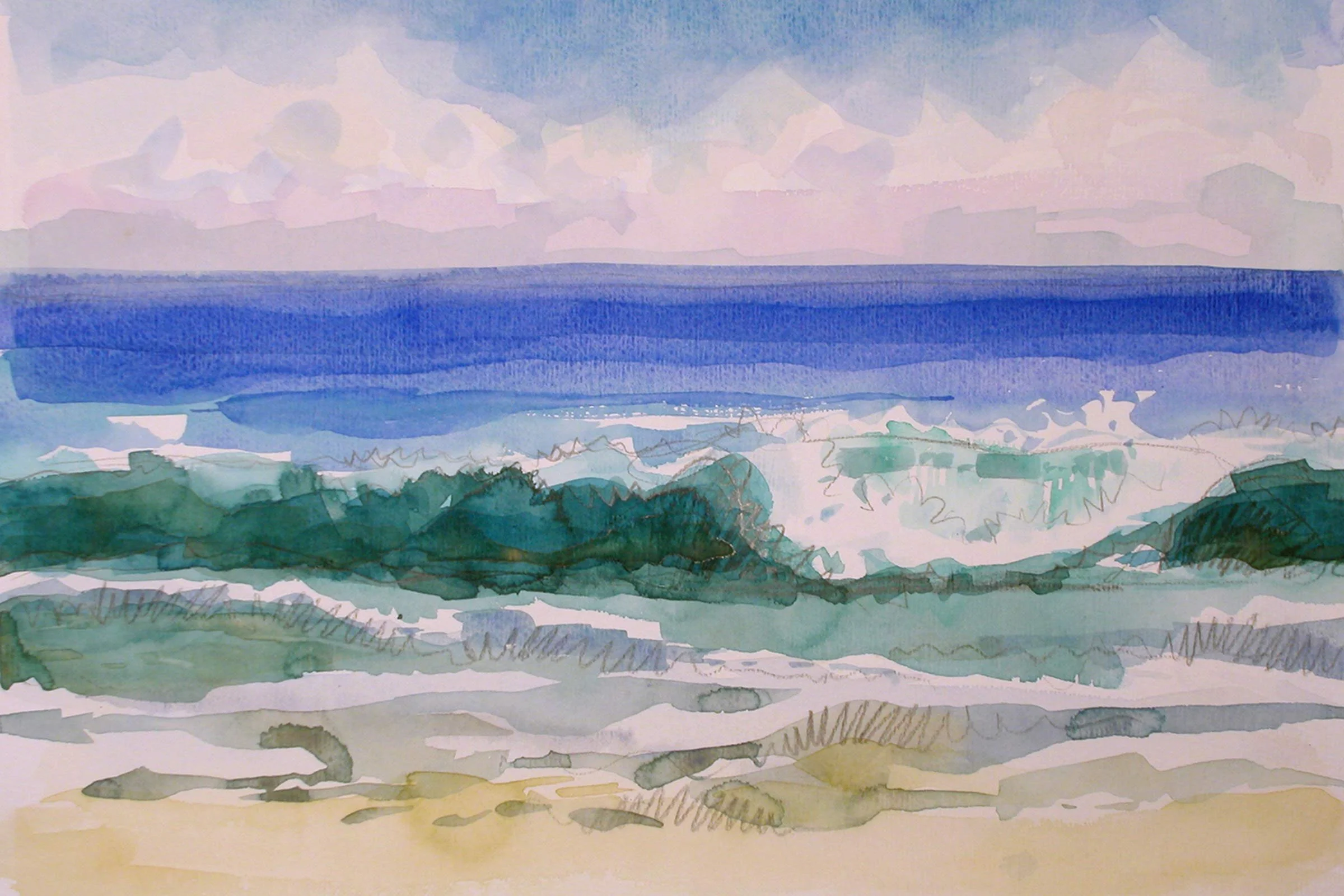 Aquarellbild einer Küstenlandschaft mit Himmel, Meer und Strand, in Blau-, Grün- und Gelbtönen.
