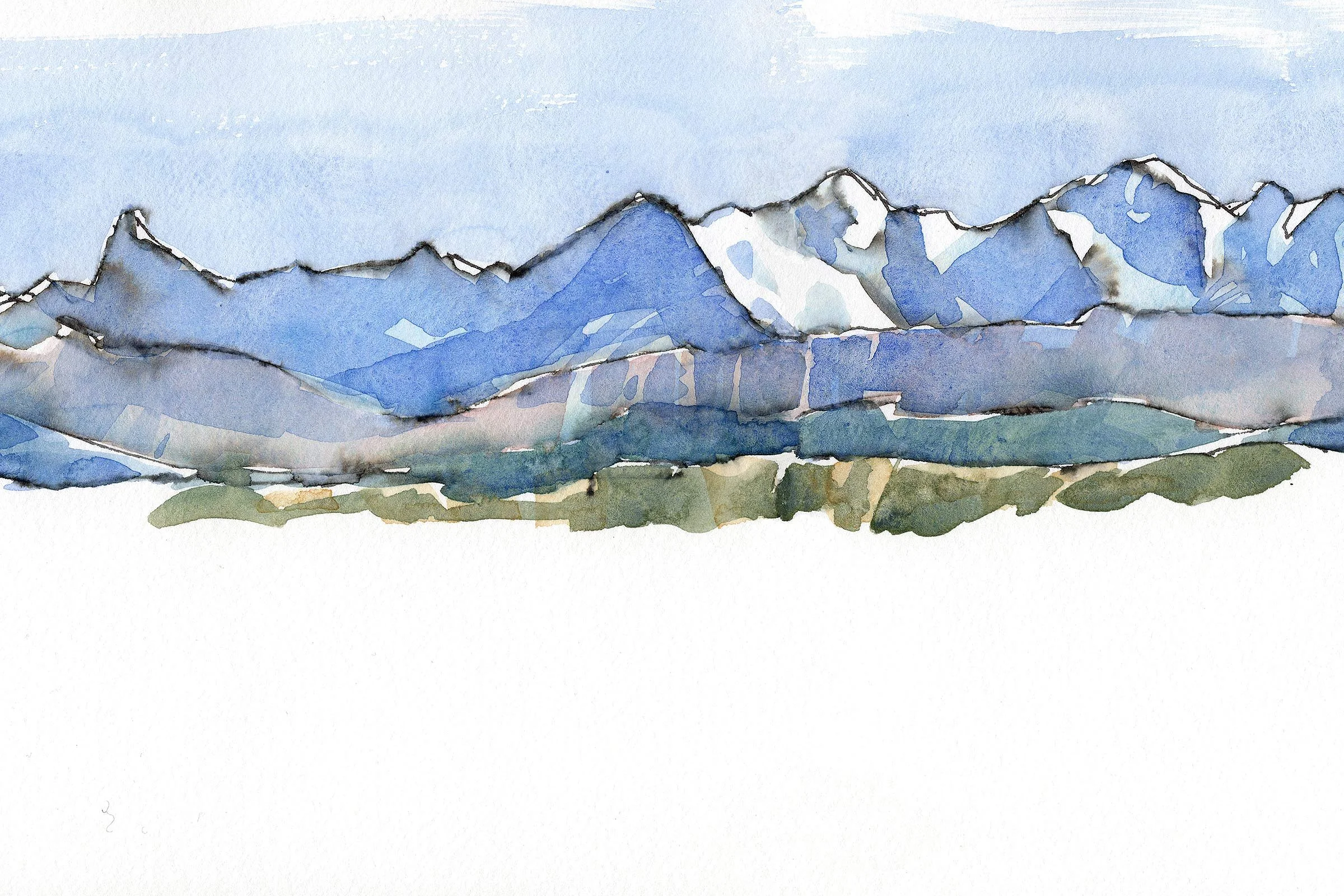 Aquarellmalerei einer Berglandschaft mit schneebedeckten Gipfeln und grüner Landschaft im Vordergrund