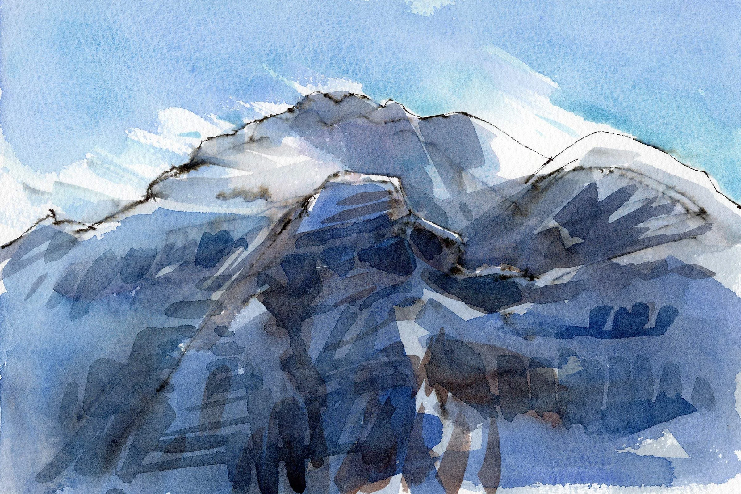Aquarellbild eines Berggipfels unter einem blauen Himmel.