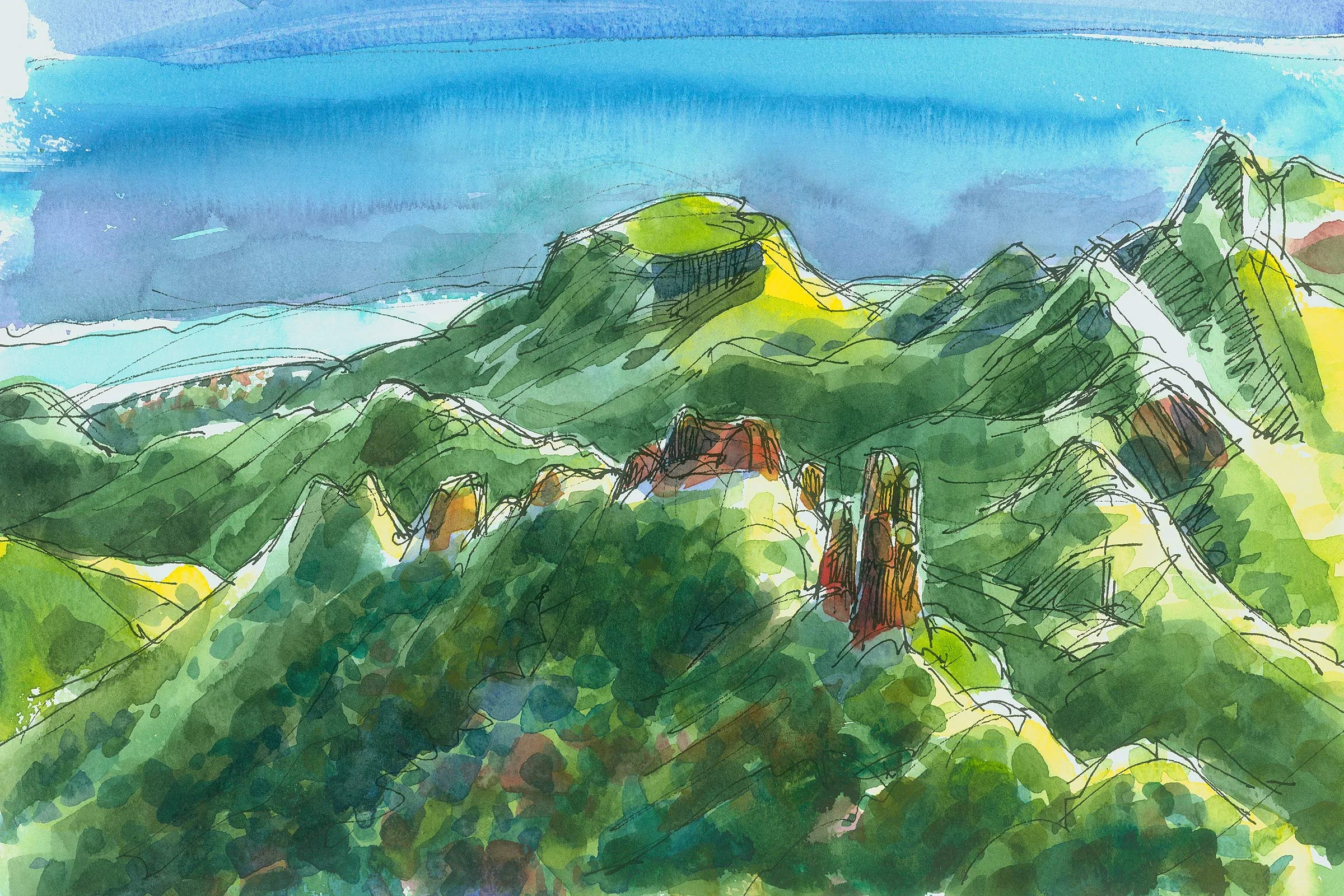 Aquarellmalerei einer Berglandschaft mit grünen Hügeln und blauen Himmel.