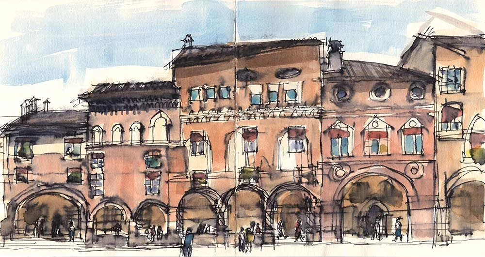 Skizze eines Stadtplatzes mit historischen Gebäuden und Menschen, die spazieren gehen.