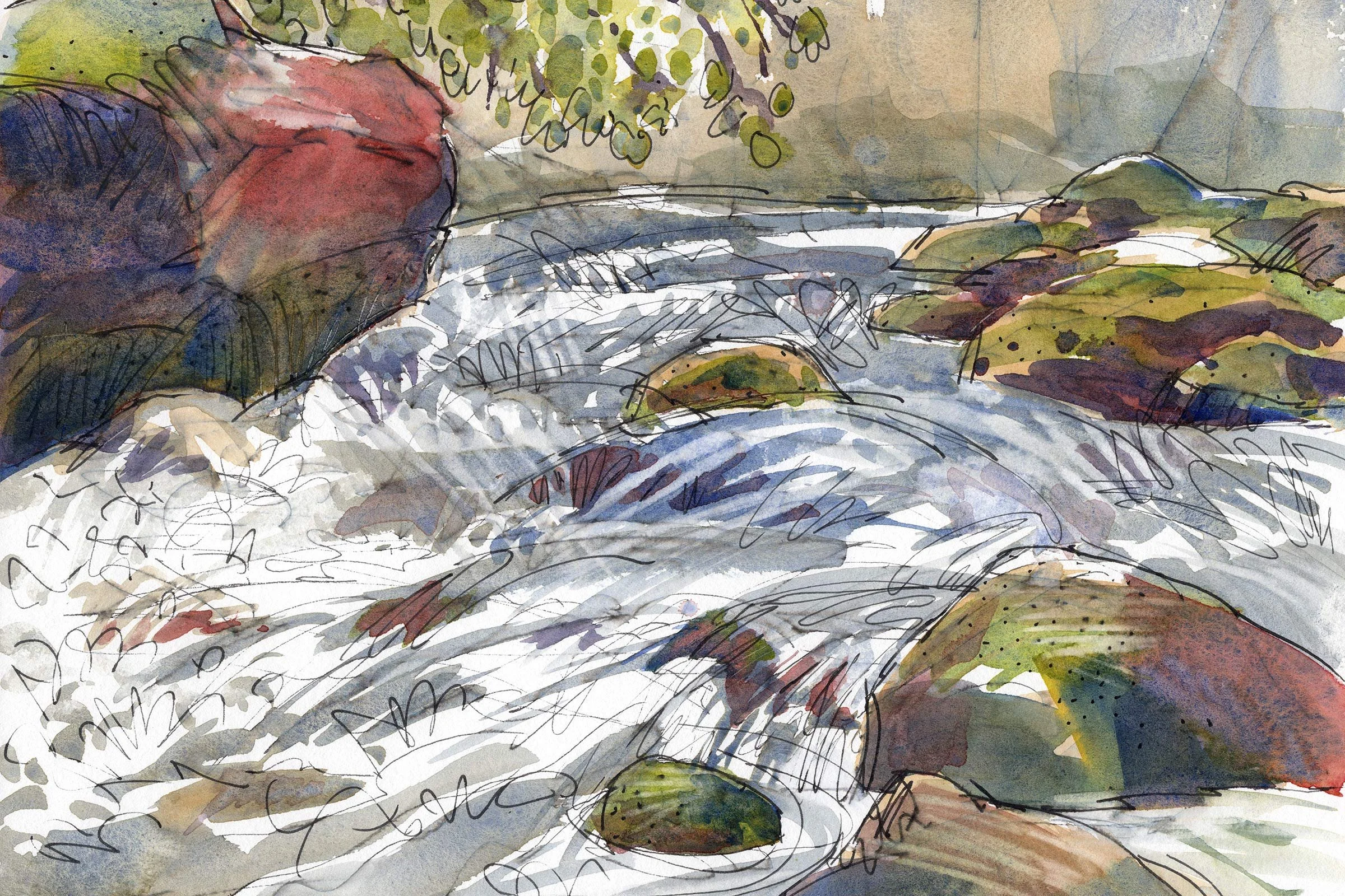 Aquarell mit Wasser, Steinen und Pflanzen, schwarzer Linienzeichnung