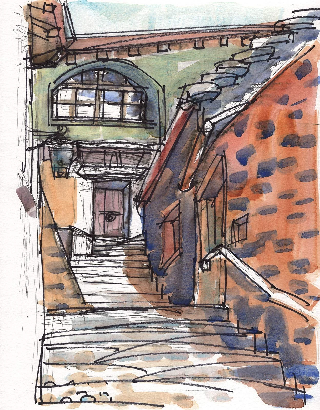 Skizze in Aquarell eines historischen Treppenhauses mit einem grossen Fenster und Steinmauern.