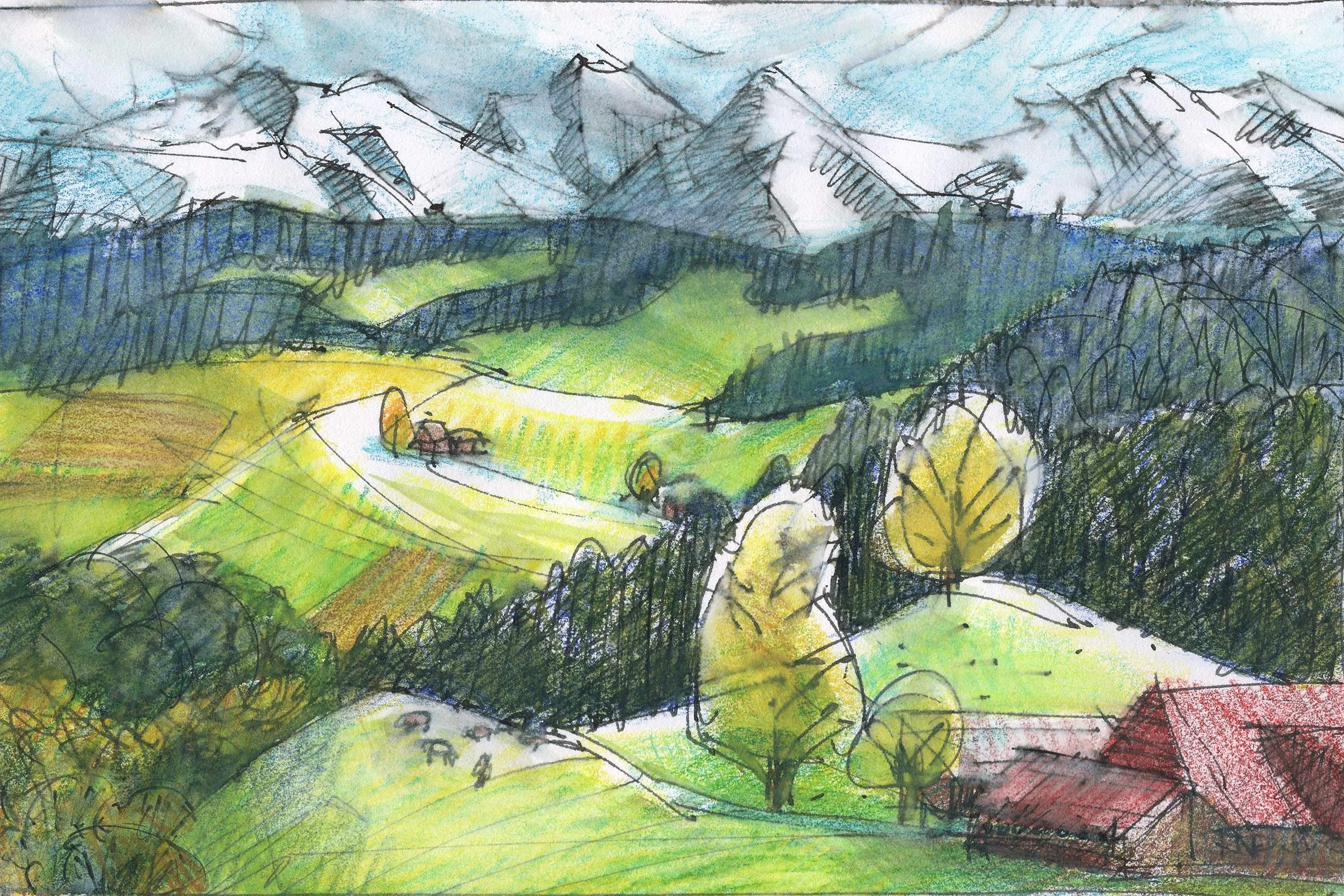 Eine farbige Zeichnung von Bergen, Wäldern und Wiesen in einer Landschaft, gemalt mit Buntstiften und Wasserfarben.