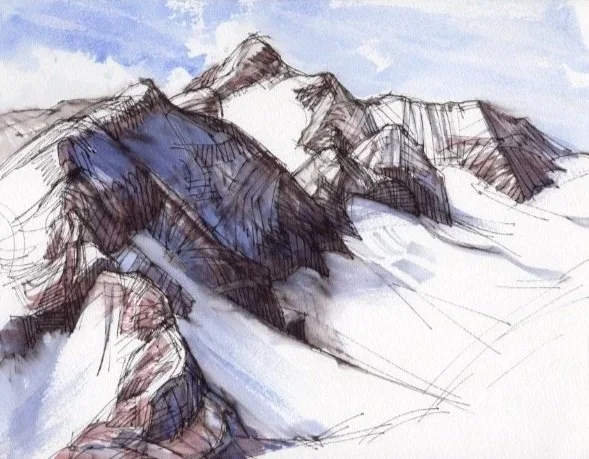 Skizze einer Berglandschaft mit Gletschern und schneebedeckten Gipfeln, in Blau- und Brauntönen, mit Wolken im Himmel.