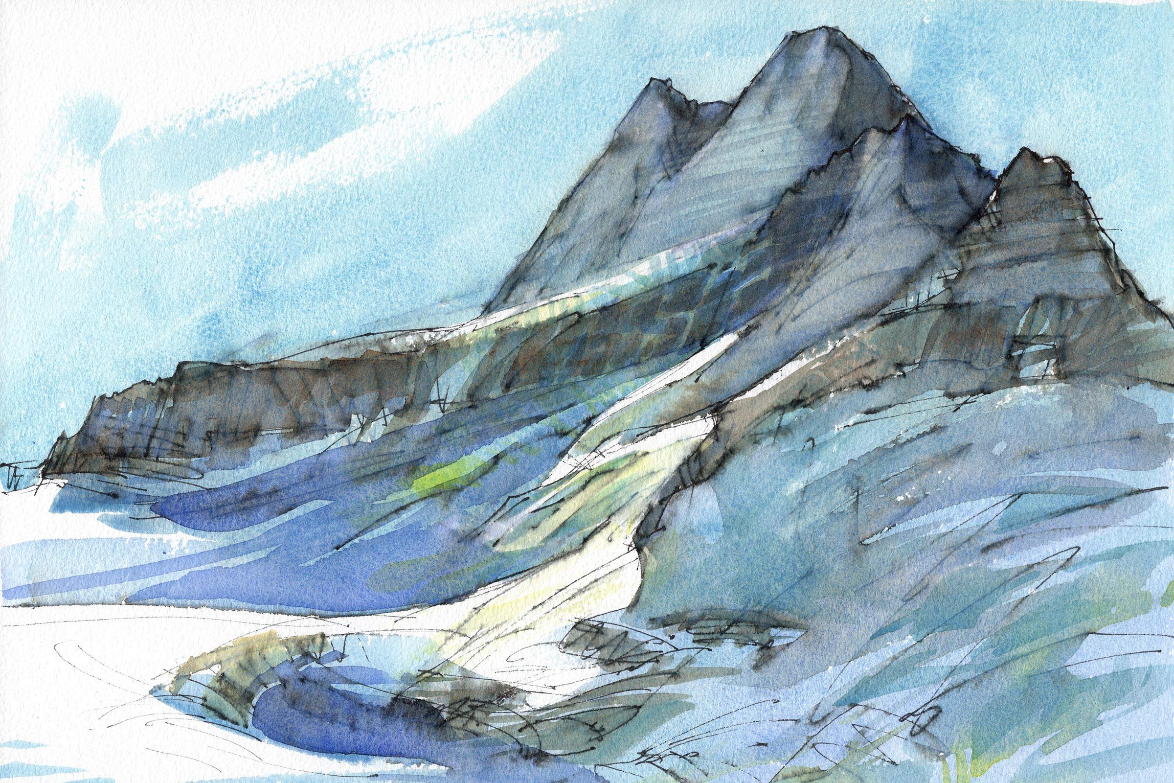 A watercolor painting of mountains with blue sky in the background.