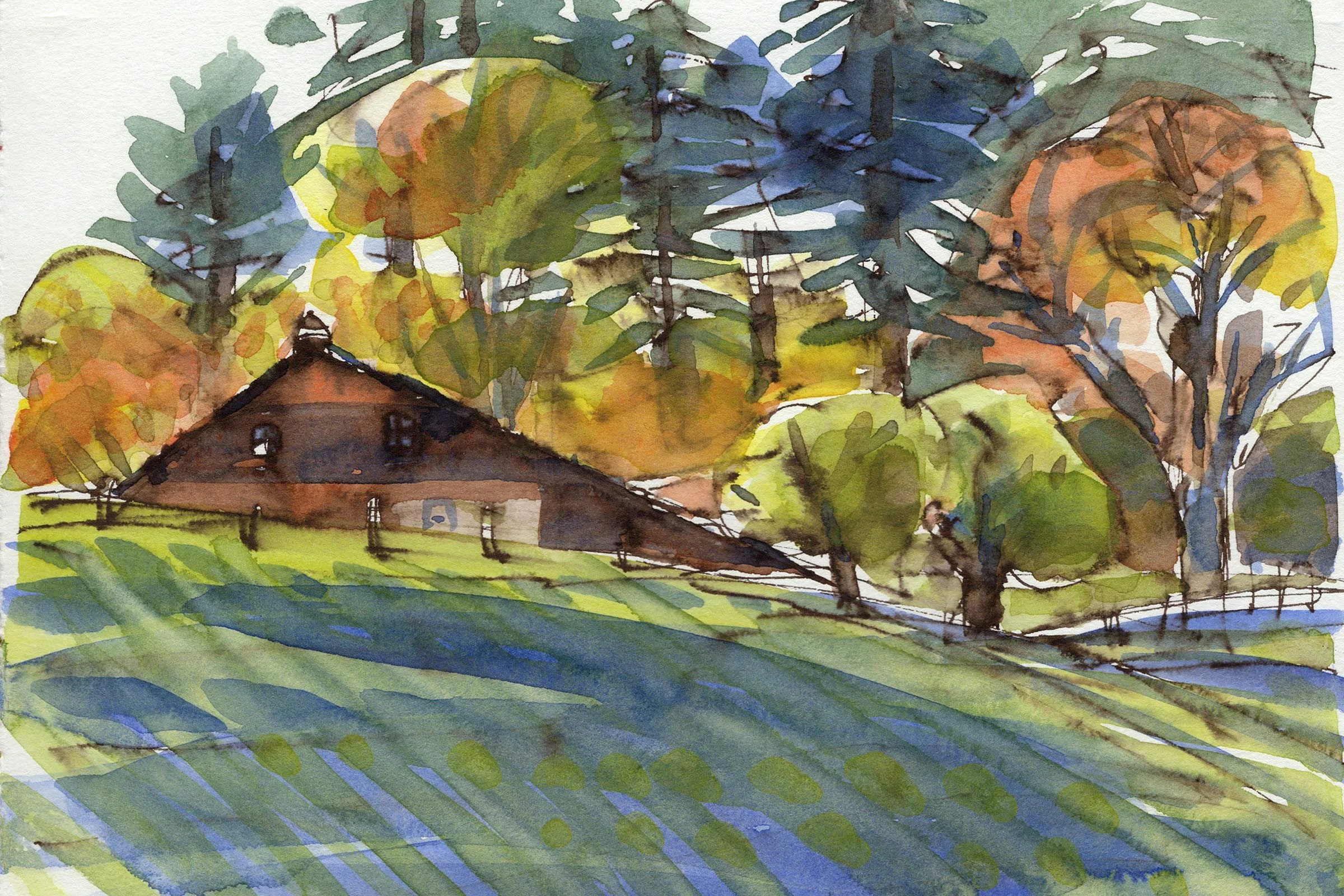 Aquarellbild mit einem Haus, Bäumen und Hügeln in verschiedenen Grüntönen, Brauntönen und Blau.