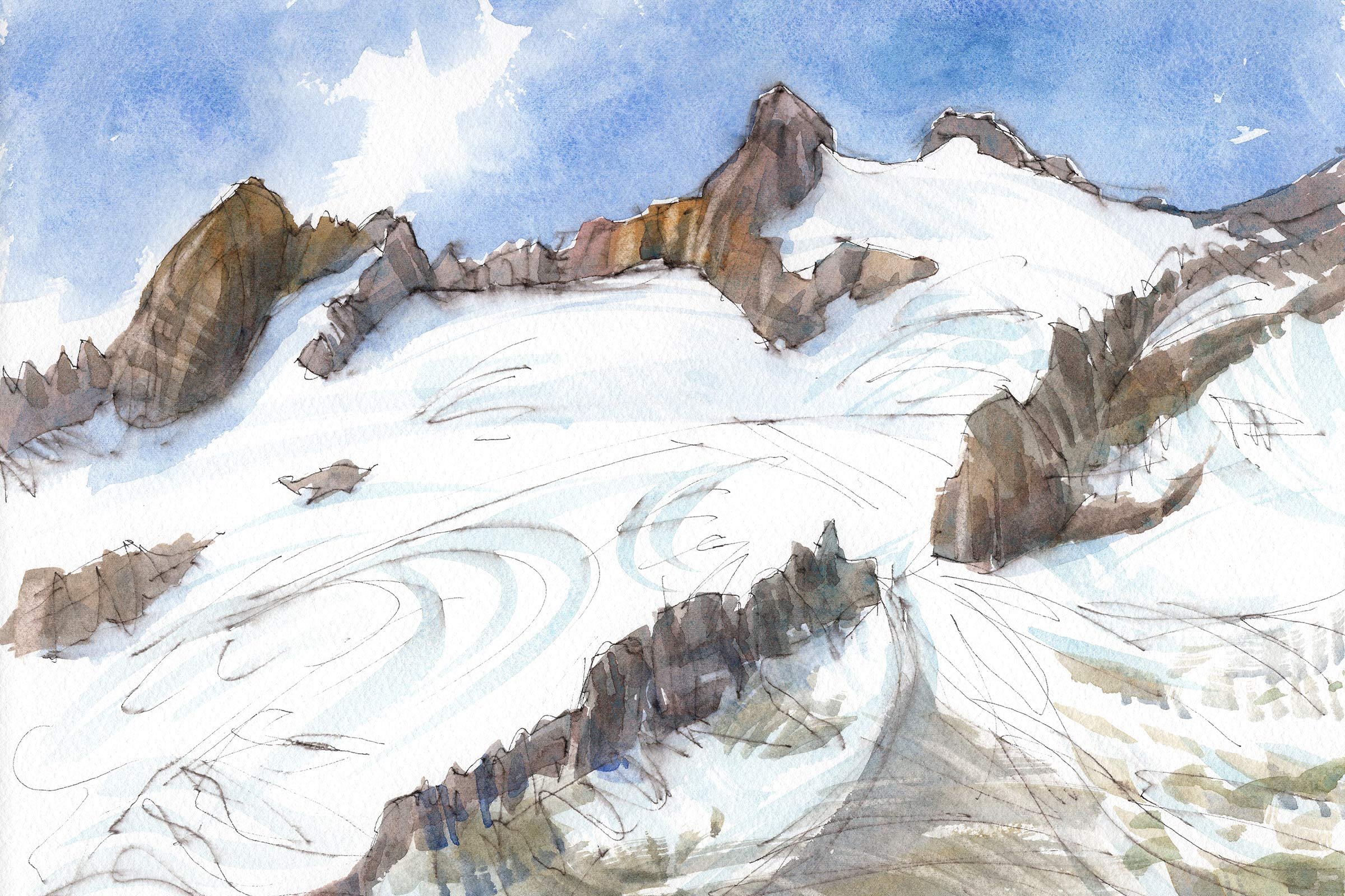 Aquarellgemälde von verschneiten Bergen mit blauer Himmel