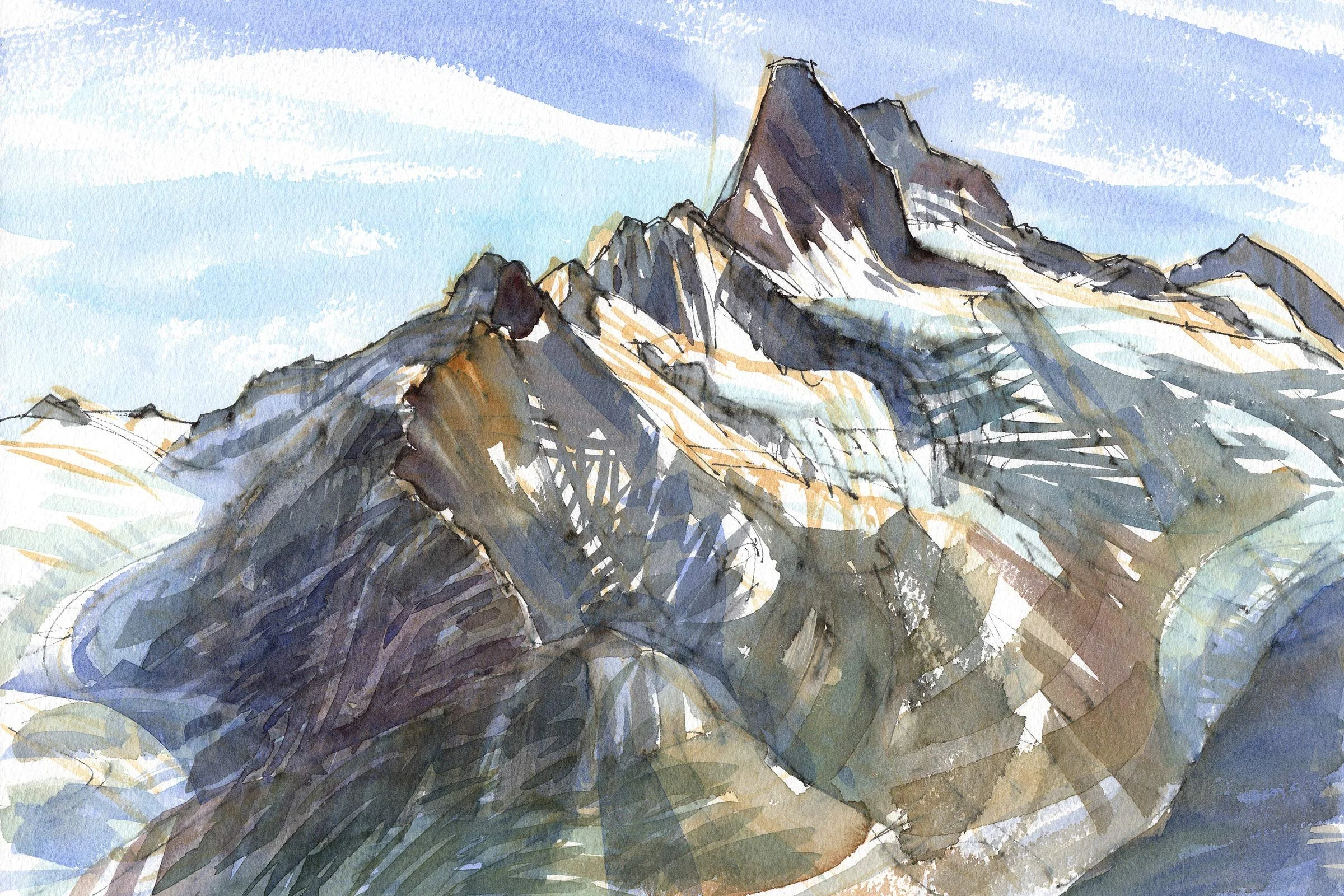 Aquarell gemalte Berge mit Schnee auf den Gipfeln unter einem blauen Himmel.
