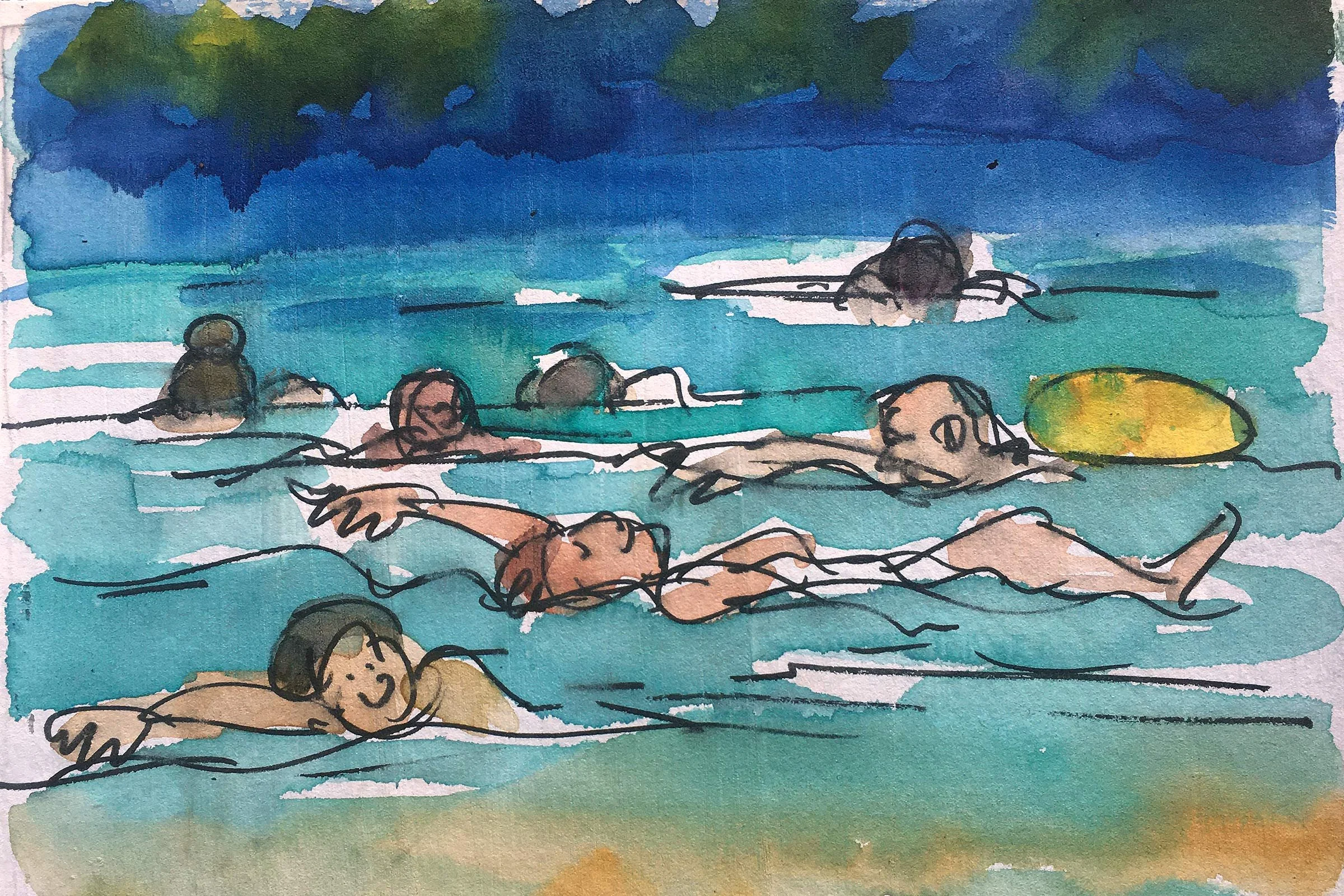 Aquarell mit schwimmenden Sonnenbadenden im Wasser, lichtblicke im Himmel