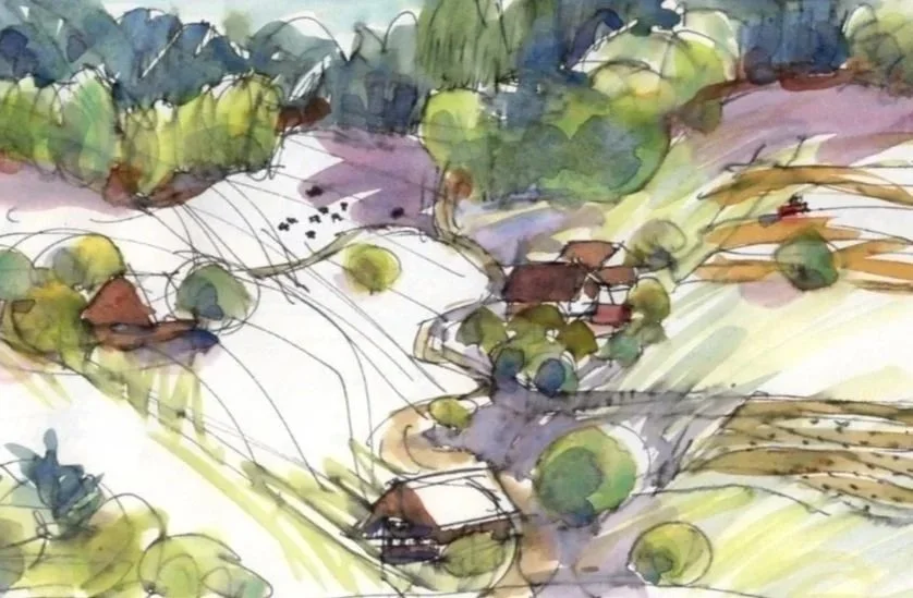 Ein Aquarell-Landschaftsbild einer ländlichen Gegend im Emmental in der Schweiz mit Häusern, Bäumen und Feldern.