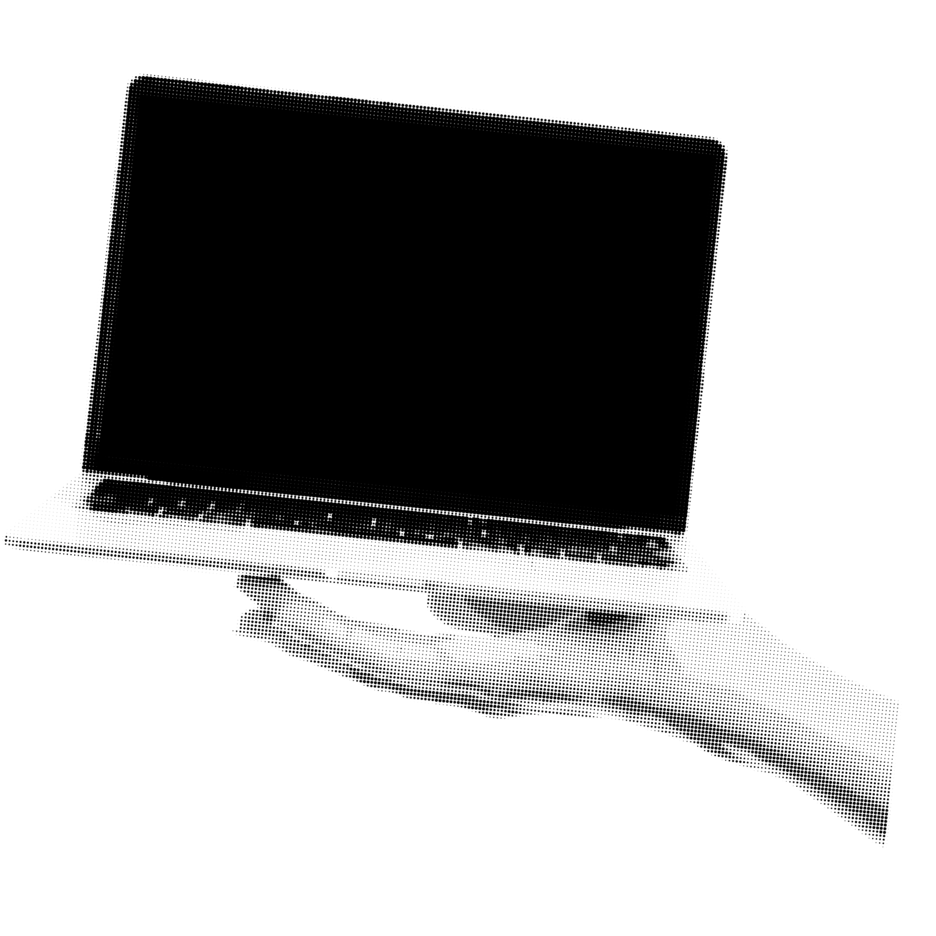 Black and white stylized image of a laptop computer viewed from an angle, showing the screen, keyboard, and part of the stand.