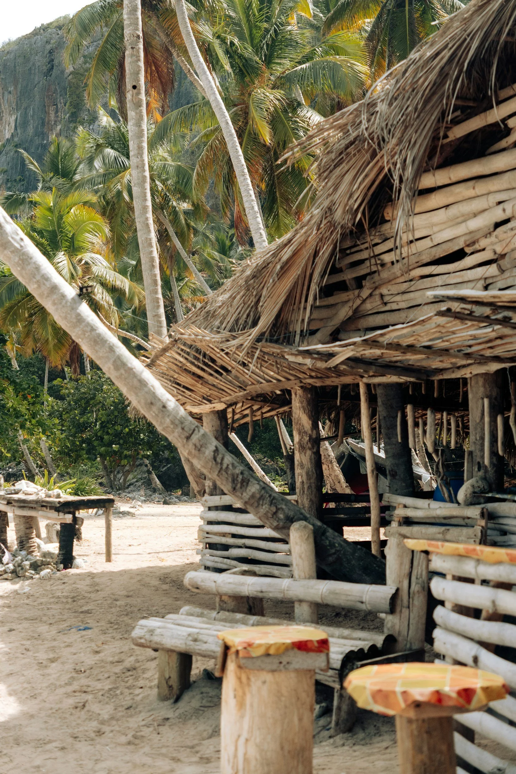 A beach scene with palm trees, a thatched wooden hut, and wooden benches with tables on sandy ground.