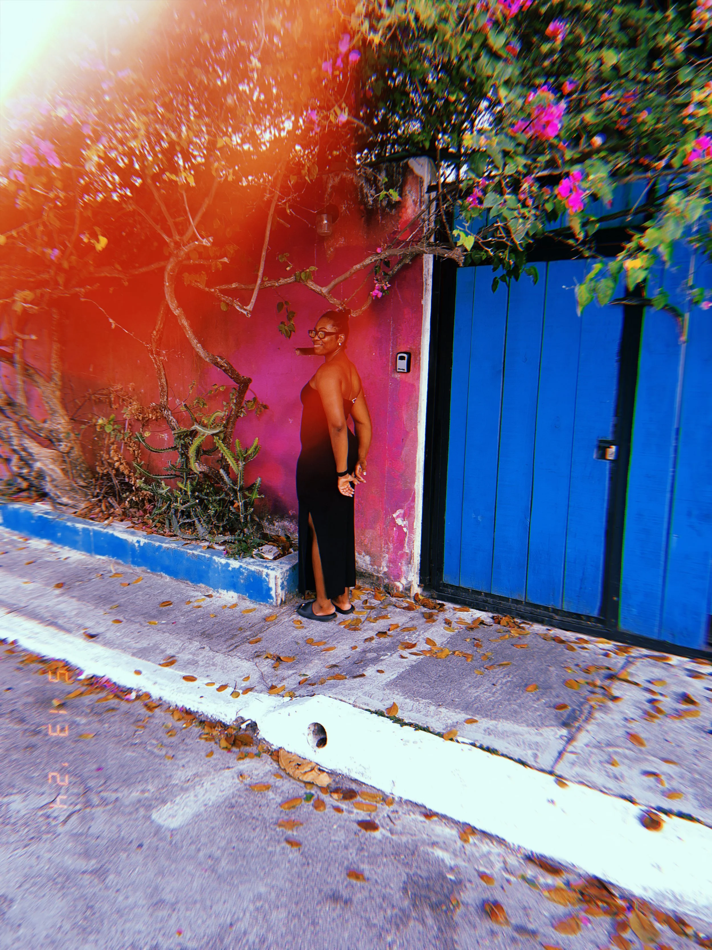 A woman with glasses standing next to a pink wall and a blue door. She is wearing a black dress with a slit, looking to her left. There are purple flowers and green leaves on a vine growing on the wall. The ground is covered with fallen leaves.