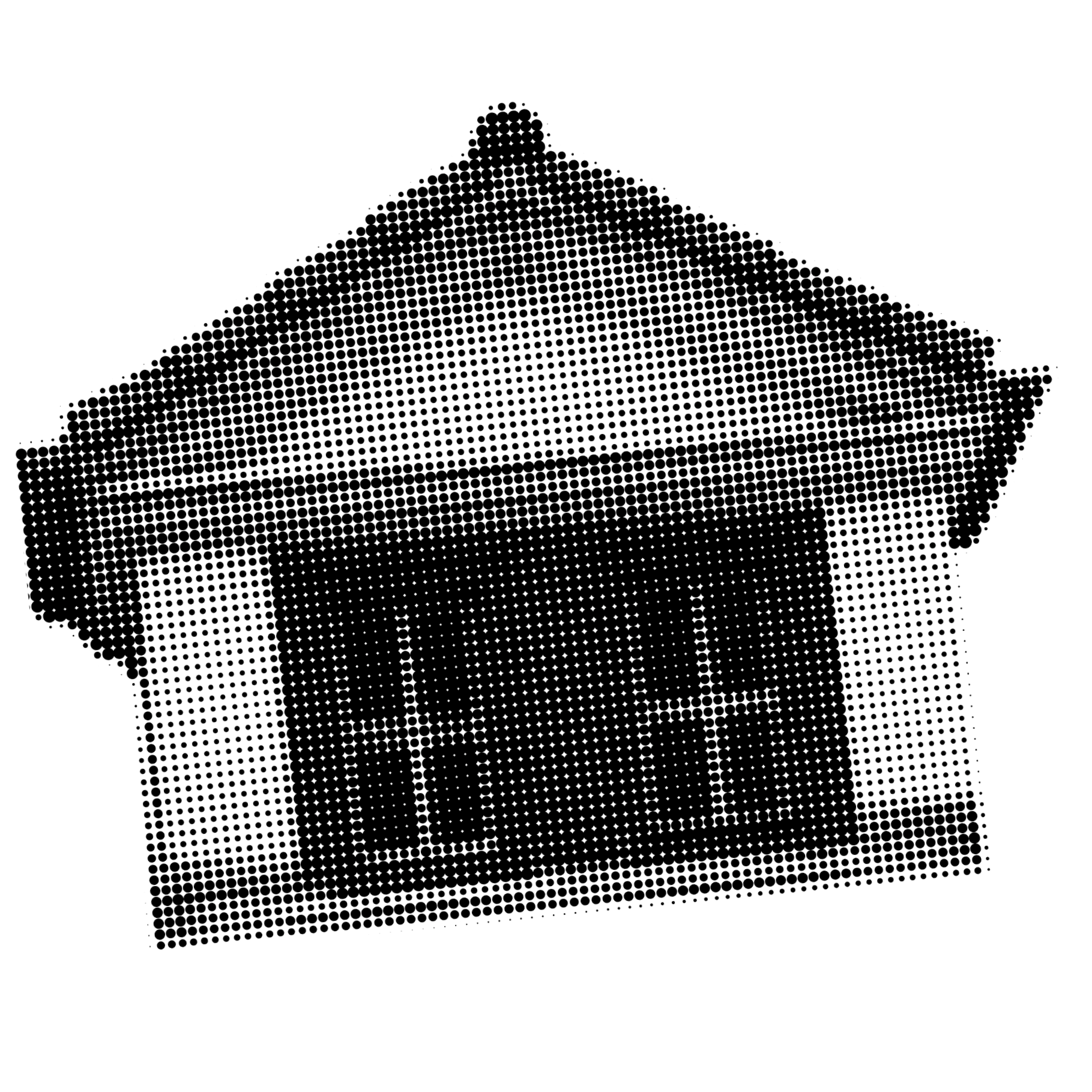 Black and white halftone image of a house with a pitched roof, a chimney, and a front porch.