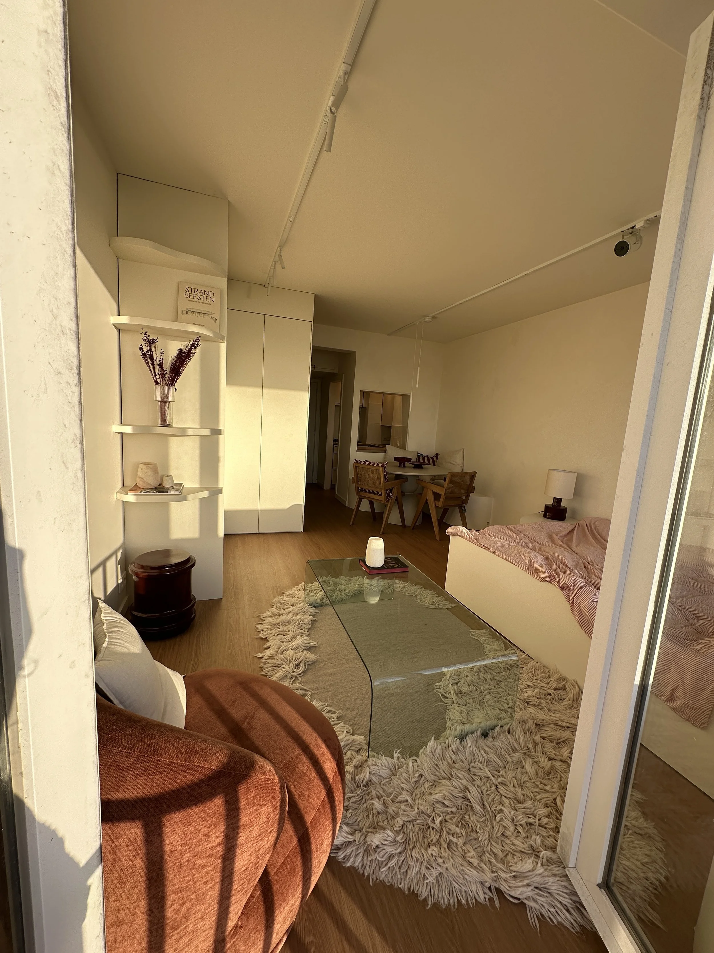 Living room with a glass coffee table, a cream-colored shag rug, a brown sofa, a white wall with shelves holding decorative items, a small dining area with a table and chairs, and a doorway leading to another room.