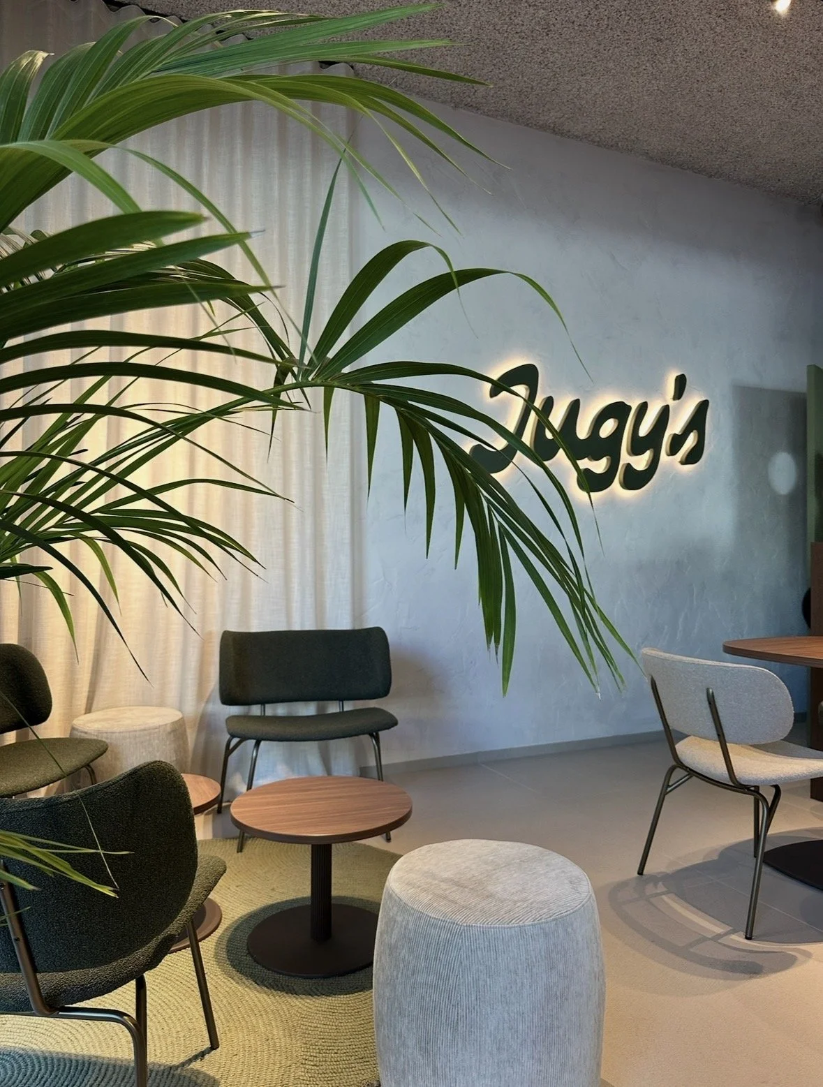A cozy lounge area with chairs and small tables, a large green plant covering part of the scene, and a wall sign reading 'Augy's' in backlit letters.