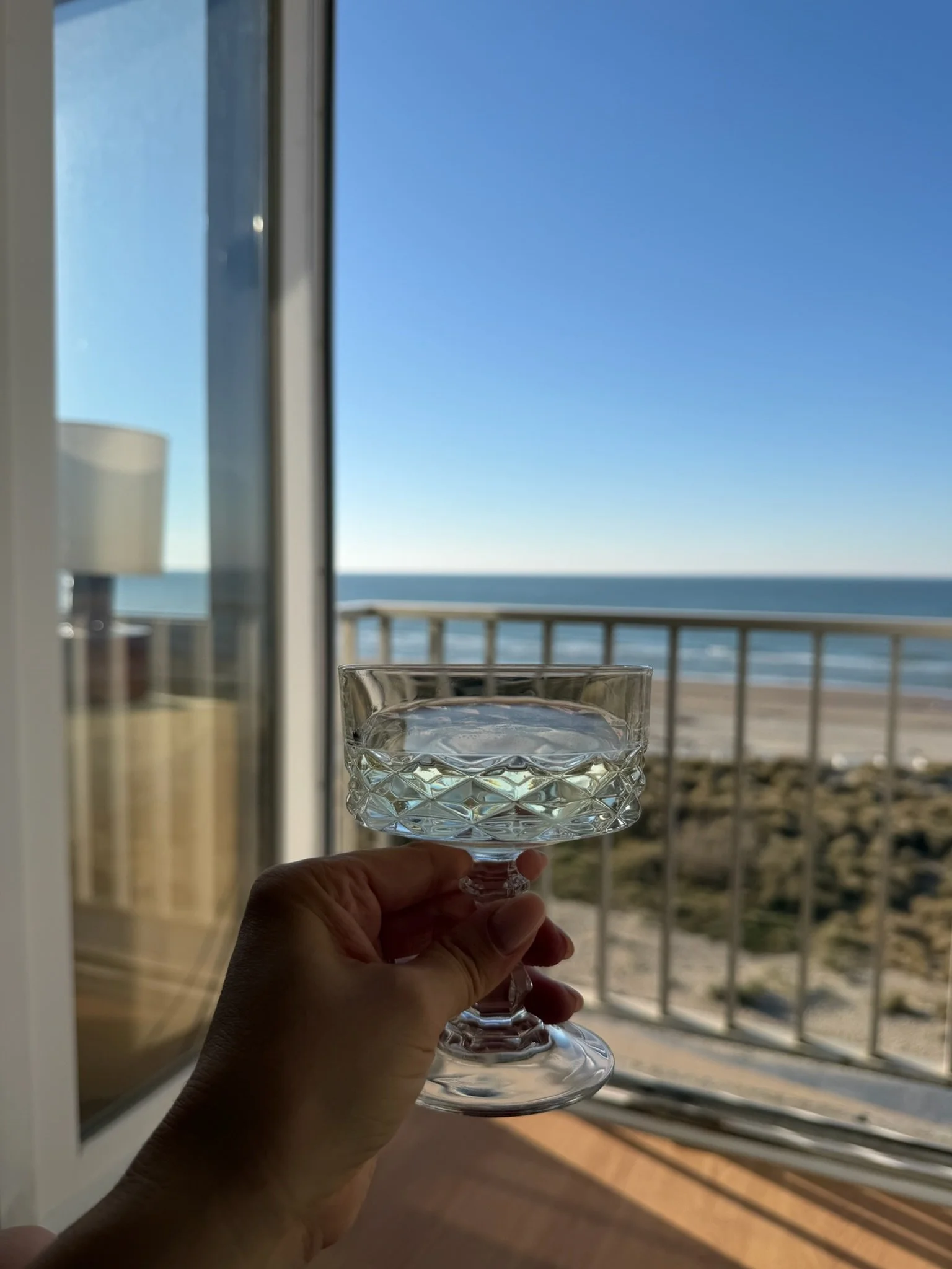 Person's hand holding a glass of water on a balcony with ocean view, blue sky, and apartment railing in the background.