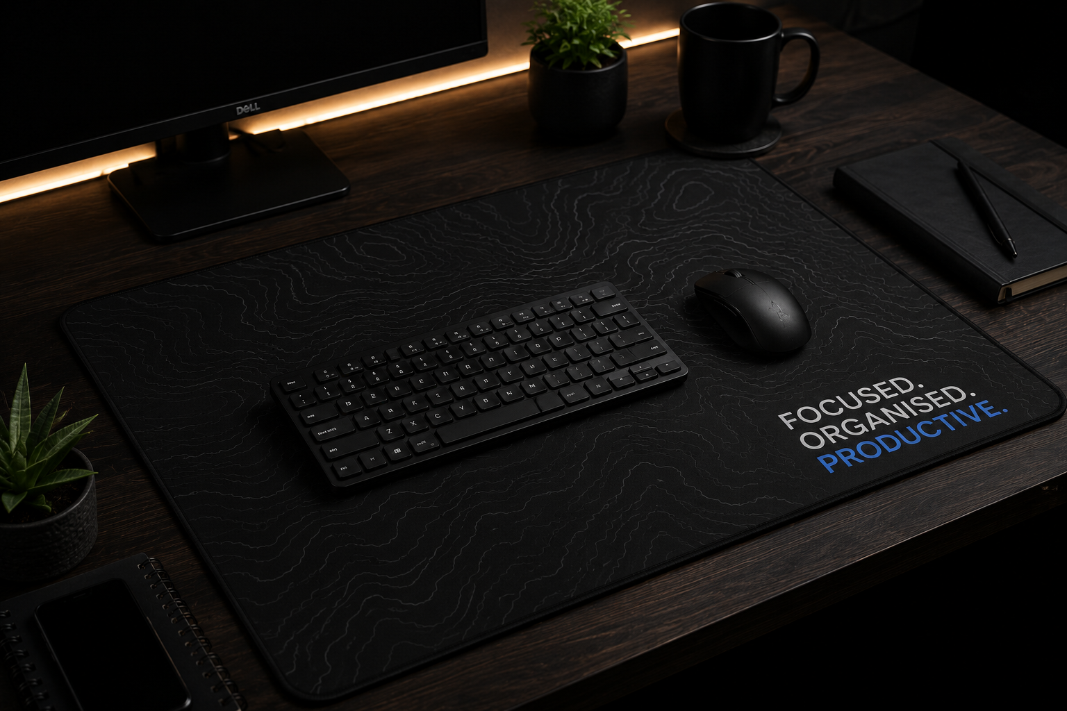 Productivity desk setup featuring premium custom desk mat