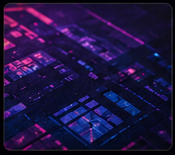 Close-up of a computer microchip with colorful glowing connections in purple and blue