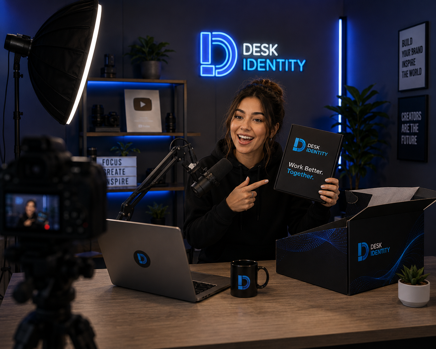 A woman in a black hoodie sits at a desk holding a box with the Desk Identity logo and slogan. She is smiling, pointing at the box, and speaking into a microphone in a studio setup. A camera and lighting equipment are visible in the foreground, and a neon sign and framed posters are in the background.