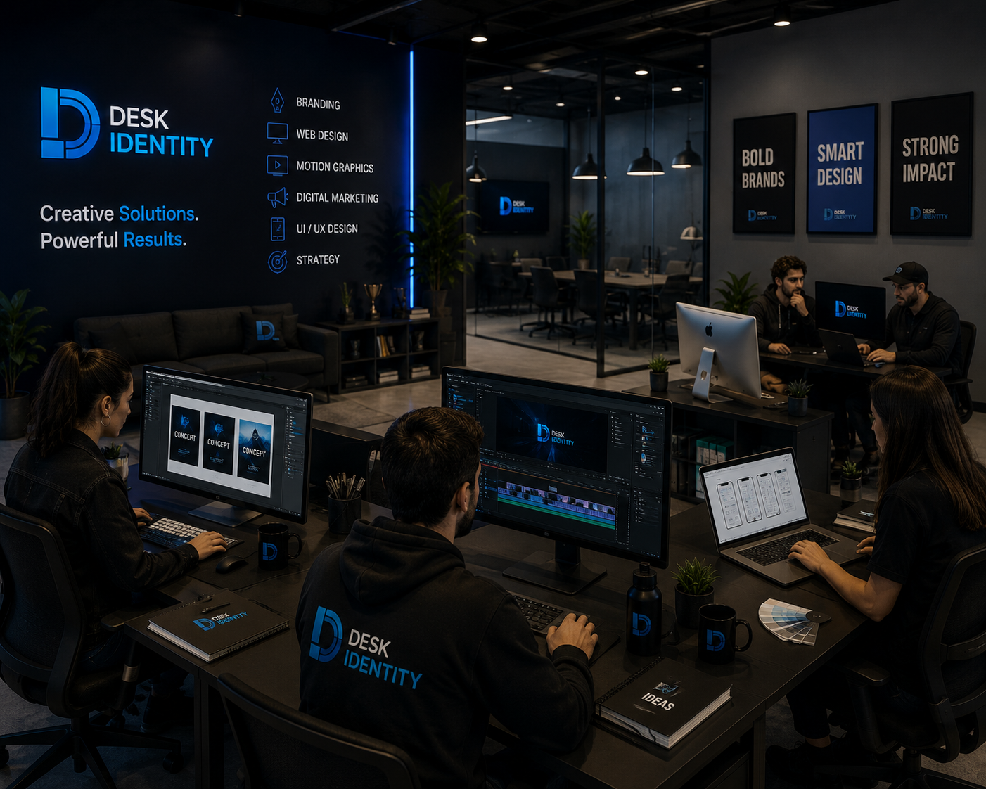 A team of five people working on computers in a modern office, with a large screen displaying branding and services for Desk Identity, including web design and digital marketing.
