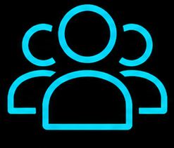 Neon outline of three people with one in the center, representing a group or community