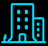 Neon outline of a tall building with windows, representing a cityscape at night.