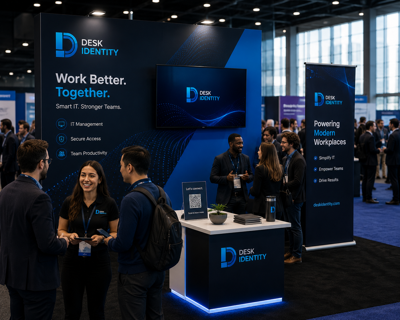 A trade show booth for Desk Identity with a large display sign, a TV screen showing the company logo, and a standing banner with branding and slogans. Four people are engaged in conversation near the booth, some holding devices, with a crowd visible in the background.