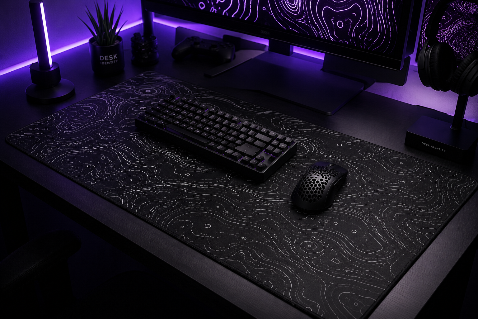 A full gaming desktop displaying a Desk Identity gaming mouse pad for creators, gamers,workspaces and streamers