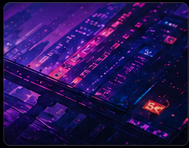City street at night with colorful neon lights reflecting on wet pavement, including a digital billboard showing the number 5.