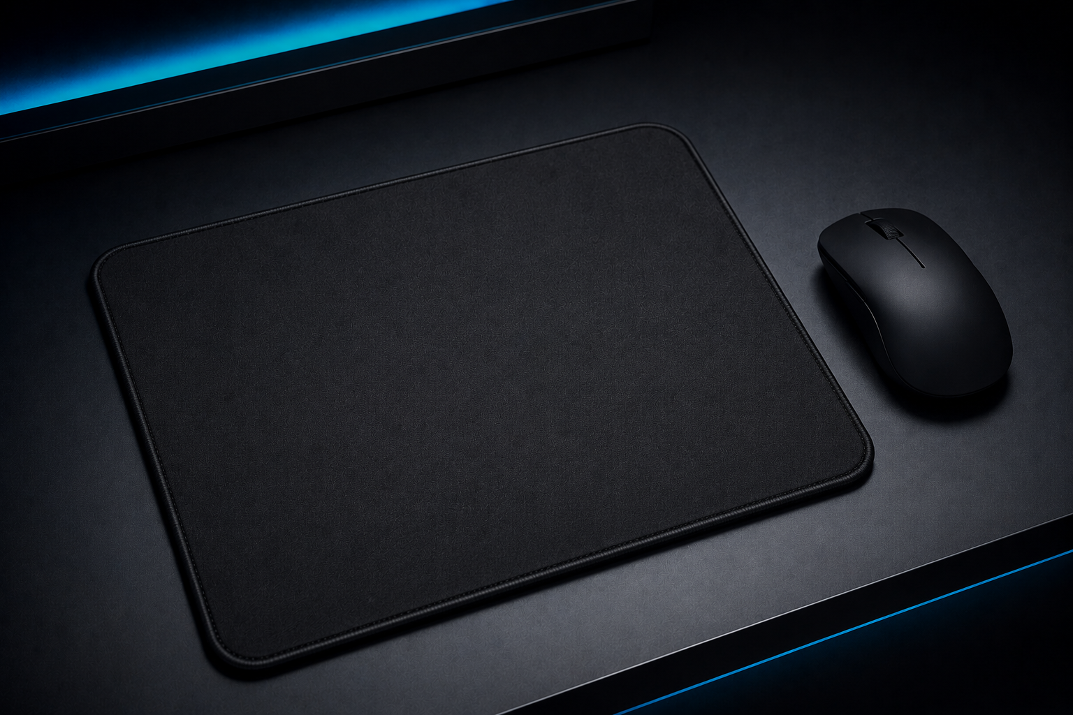 Black mouse and large black mouse pad on black surface.