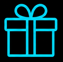 Blue outline drawing of a gift box with a bow on top.