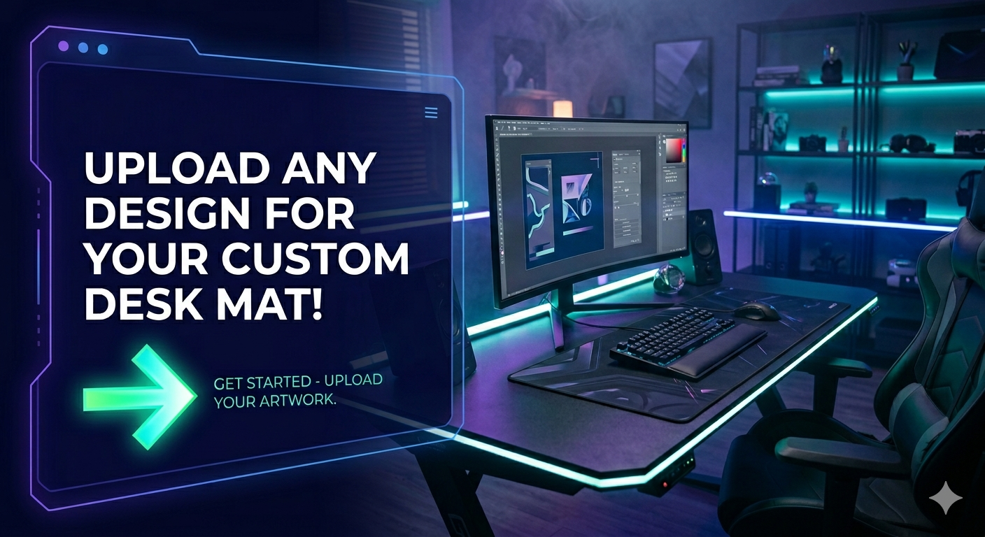 A futuristic workspace featuring a glowing desk with neon lights, a large monitor displaying design software, and a high-back ergonomic chair. The backdrop includes shelves with cameras and decorative items, illuminated by blue and purple ambient lighting.