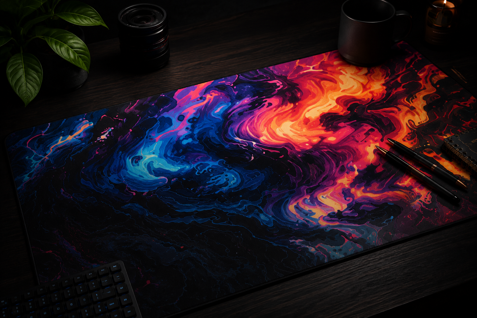 Creator workspace with premium gaming desk mat and purple lighting