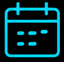 Icon of a calendar with a blue outline and minimal design.