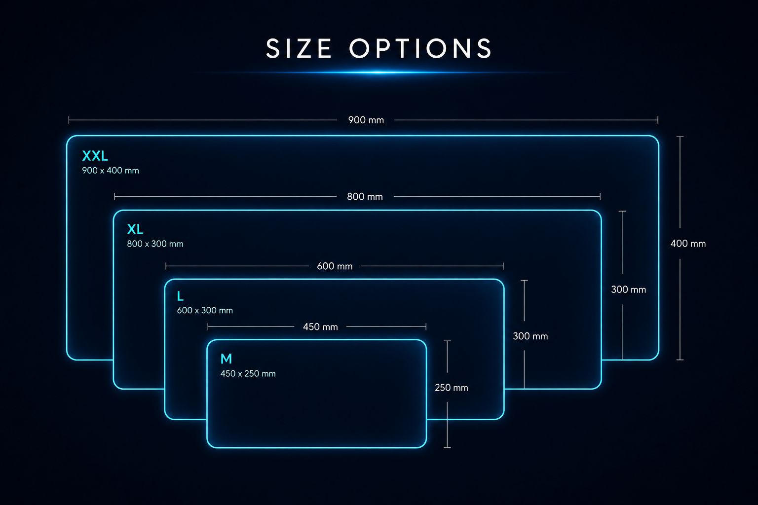 Blueprint-style diagram showing different size options for objects, represented by neon outlines labeled XXL, XL, L, and M, with measurements in millimeters.